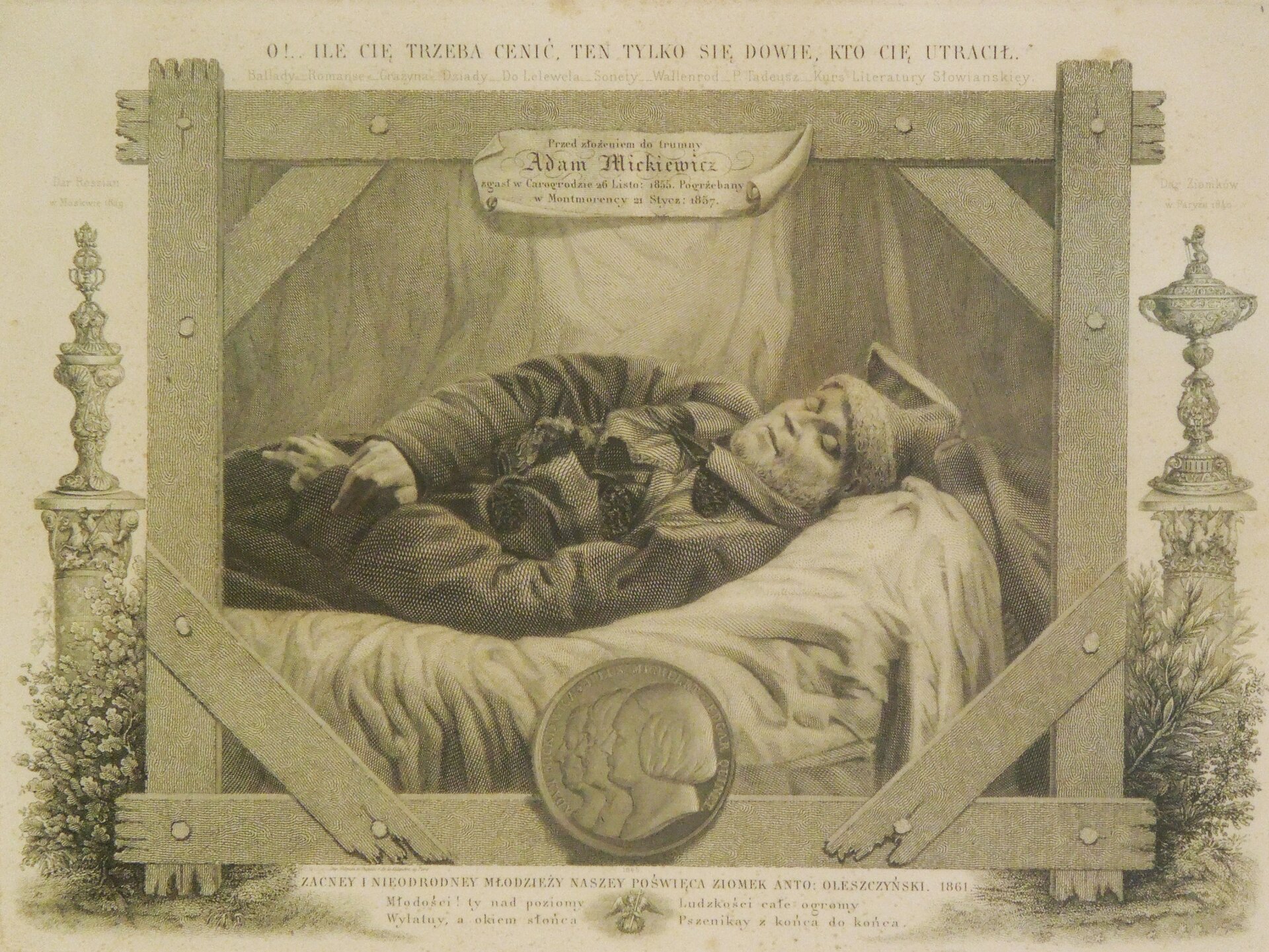 Zdjęcie przedstawia miedzioryt. Ukazany jest leżący na łóżku dojrzały mężczyzna. Ma zamknięte oczy. Ręce leżą złożone na biodrach. Mężczyzna jest ubrany w długi płaszcz, na głowie ma czapkę z futrzanym otokiem. Nad obrazem znajduje się napis: Przed złożeniem do trumny Adam Mickiewicz zgasł w Carogrodzie 26 listopada 1855. Pogrzebany w Montmorency 21 stycznia 1857 roku. Poniżej obrazu znajduje się moneta pamiątkowa, na której ukazane są lewe profile trzech mężczyzn. Cały obraz otoczony jest ramą z prostych desek zbitych gwoździami. Pod ramą napis: Zacney i nieodrodney młodzieży naszey poświęca ziomek Anto: Oleszczyński. 1861. Młodości! Ty nad poziomy ludzkości całe ogromy Wylatuy, a okiem słońca Pszenikay z końca do końca.