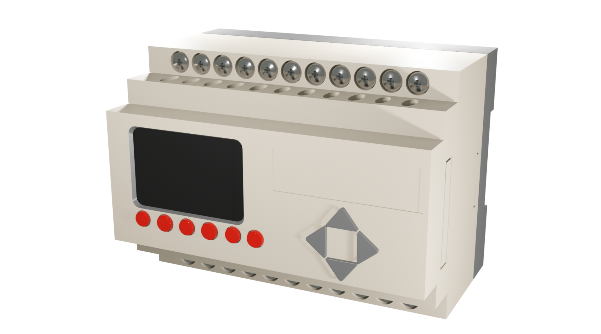 Na ekranie przedstawiono sterownik PLC. To prostopadłościenne urządzenie z ekranikiem i przyciskami. Kompletny sterownik składa się z modułu zasilacza, procesora CPU oraz modułów wejść/wyjść i/lub modułów komunikacyjnych i funkcyjnych. Poszczególne elementy sterownika montowane są na szynie DIN.