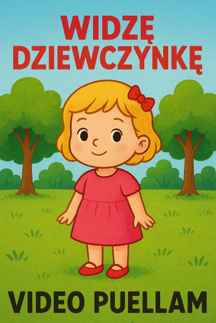 Grafika przedstawia małą dziewczynkę stojącą na trawie. Ubrana jest w czerwoną sukienkę i czerwone buciki; w jasnych włosach ma czerwoną wstążkę. Tło stanowią drzewa i błękitne niebo. U góry ilustracji znajduje się napis: WIDZĘ DZIEWCZYNKĘ, na dole: VIDEO PUELLAM. 
