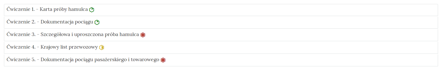 Grafika przedstawia przykładowe zakładki w interaktywnych materiałach przykładowych. Każda zakładka zawiera numer ćwiczenia, jego nazwę oraz poziom trudności ćwiczenia. Po kliknięciu zakładka rozwija się i pojawia się treść zadania. 