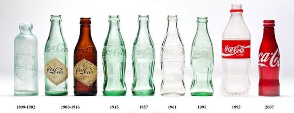 Fotografia przedstawia butelki od napoju  Coca‑Cola na przestrzeni lat . Butelek jest dziewięć. Lata zmian: od 1899 roku do 2007 roku. Butelki w większości mają podobny kształt, ich profil zwęża się do dołu. Wszystkie posiadają wytłoczone lub wydrukowane na etykiecie logo  Coca‑Cola .
