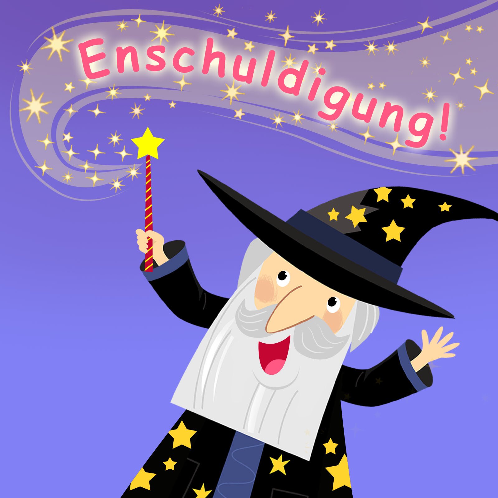 Ilustracja ukazuje czarownika trzymającego różdżkę, który właśnie wyczarowuje wyraz:    Entschuldigung!