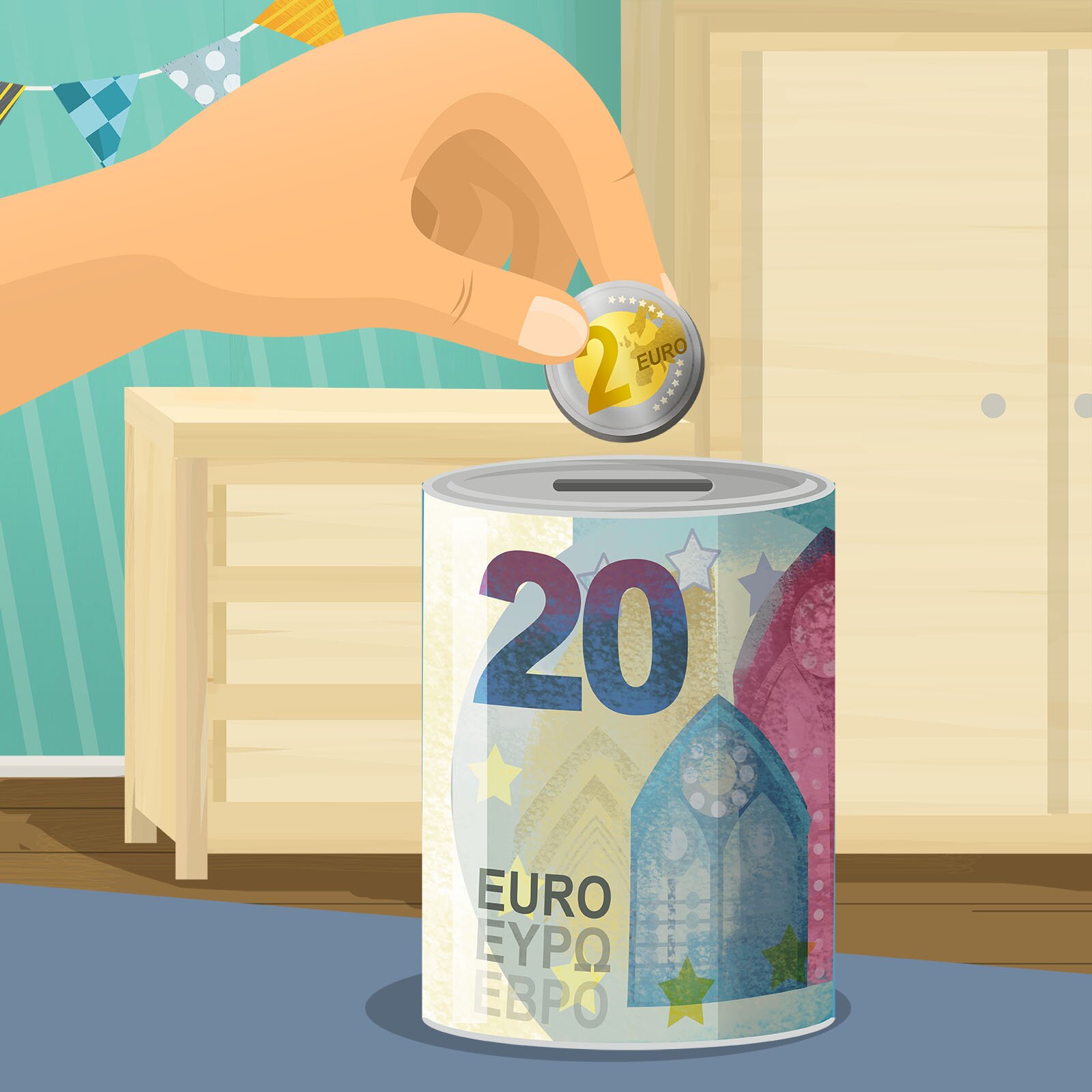 Ilustracja przedstawia osobę wrzucającą monety do skarbonki 