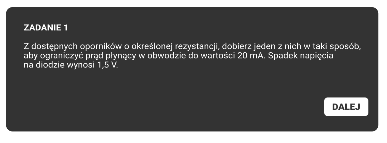 Ciemna plansza, na niej napis: POLECENIE, niżej polecenia jego treść. Poniżej, po prawej stronie, biała ikonka z napisem DALEJ.