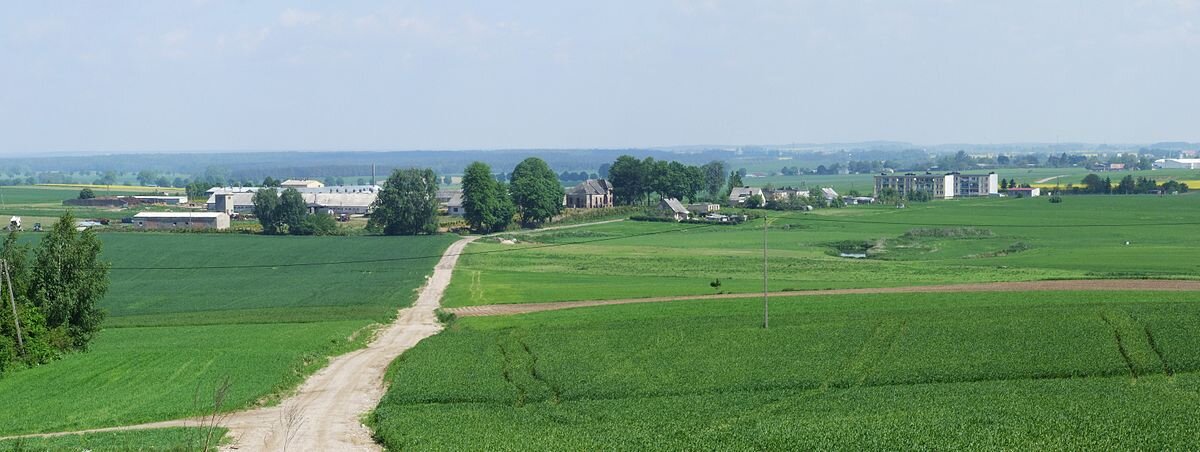 Zdjęcie przedstawia pozostałości po PGR w Grabowie. Są otoczone łąkami i mokradłami oraz nielicznymi drzewami; prowadzi do nich gruntowa droga. PGR składa się z pojedynczych domów mieszkalnych i pozostałości po budynkach gospodarczych. 