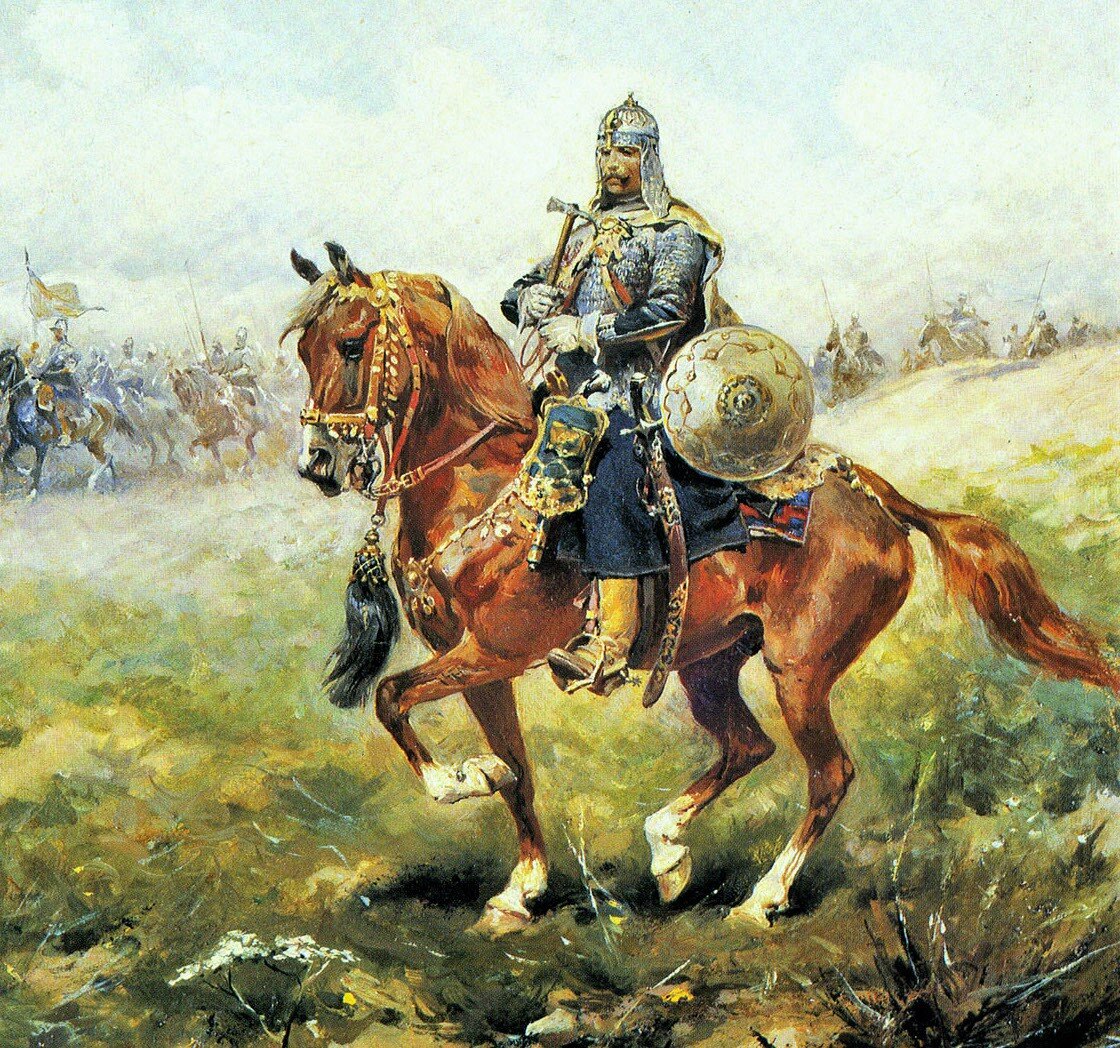 Obraz przedstawia żołnierza na koniu. Żołnierz ma na sobie kolczugę i hełm. Do pasa przytroczoną okrągłą tarczę i szablę. Koń ma ozdobną uprzęż.