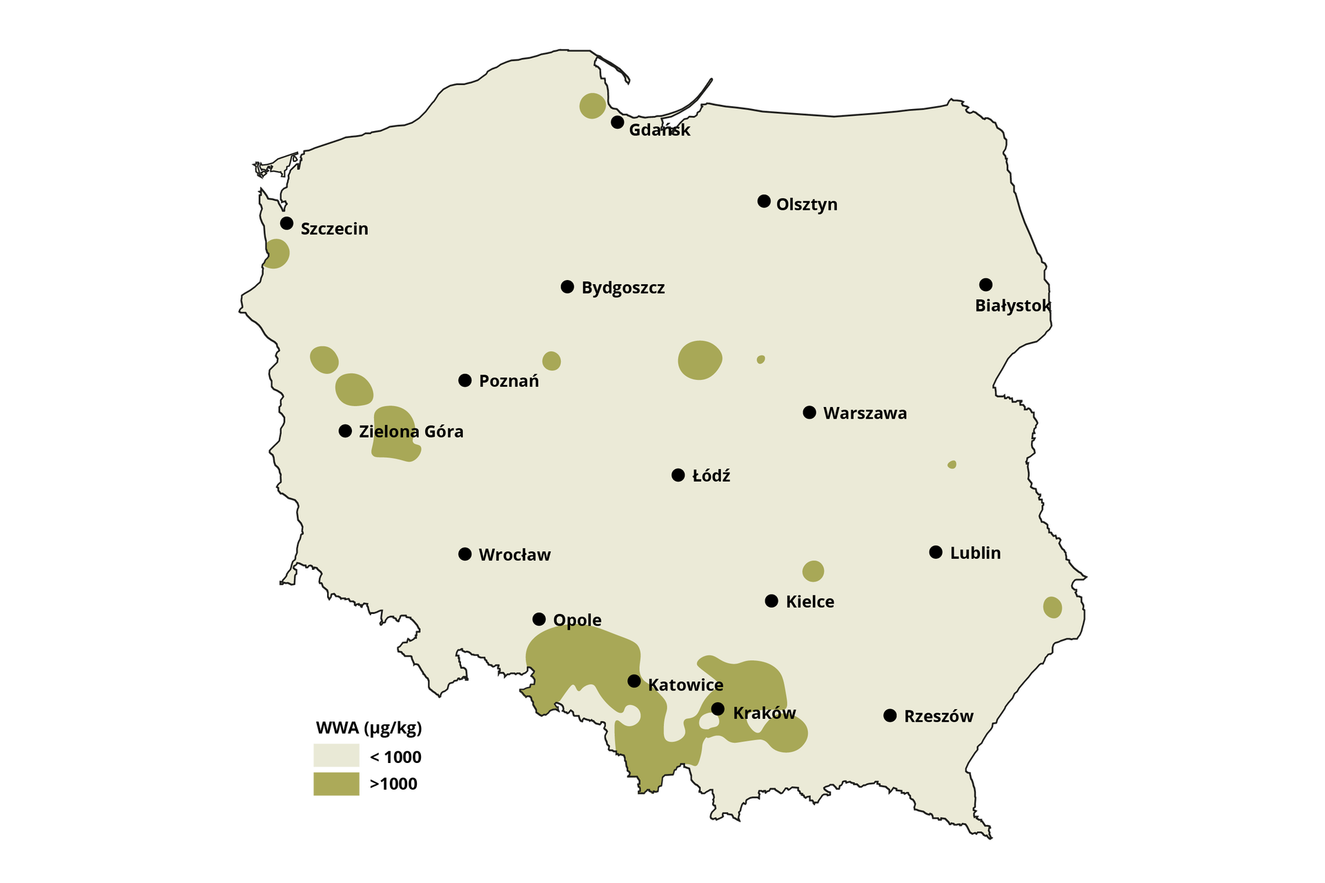 Mapa Polski przedstawia stężenie WWA w glebach. Powyżej 1000 nanogramów na kilogram wystąpiło na południe od Opola i Katowic, w okolicy Krakowa, powyżej Kielc, powyżej Łodzi, na wschód i na północ od Zielonej Góry, na południe od Szczecina. Poniżej 1000 wystąpiło w reszcie kraju.