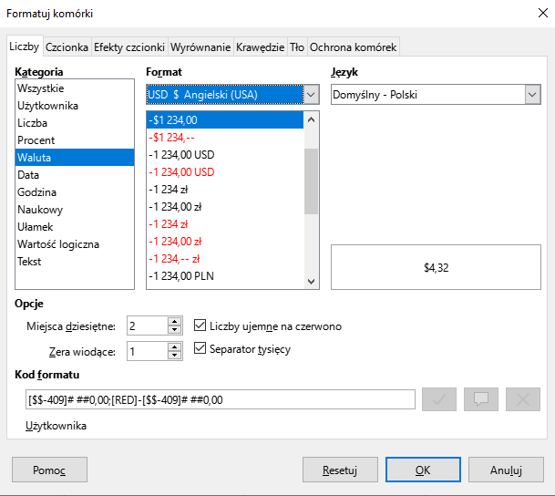 Ilustracja przedstawia otwarte okno programu zatytułowane Formatuj komórki. U góry na pasku zadań została wybrana opcja Liczby. Poniżej po lewej stronie w opcji kategorie została wybrana opcja Waluta. Po prawej stronie w opcji Format został wybrany USD dolar Angielski USA, a następnie pierwsza opcja: minus dolar 1234,00. Dalej po prawej stronie w opcji Język został wybrany domyślny Polski. Poniżej w kategorii Opcje przy wyborze miejsca dziesiętnego wybrano liczbę 2, a w zerach wiodących liczbę jeden. NA dole okna zaznaczono opcję OK. 