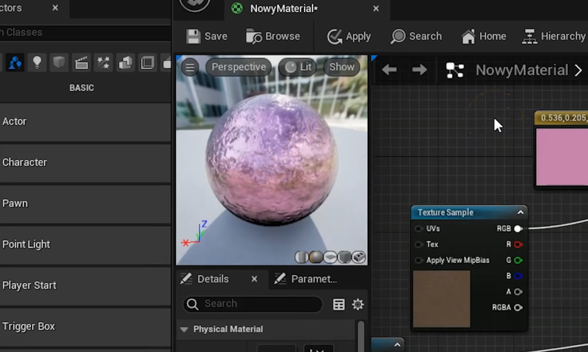 Ilustracja przedstawia okno o nazwie NowyMaterial. Po lewej stronie jest panel dotyczący Basic. W obszarze roboczym jest srebrna kula. Po prawej stronie sekcja o nazwie Texture Sample.