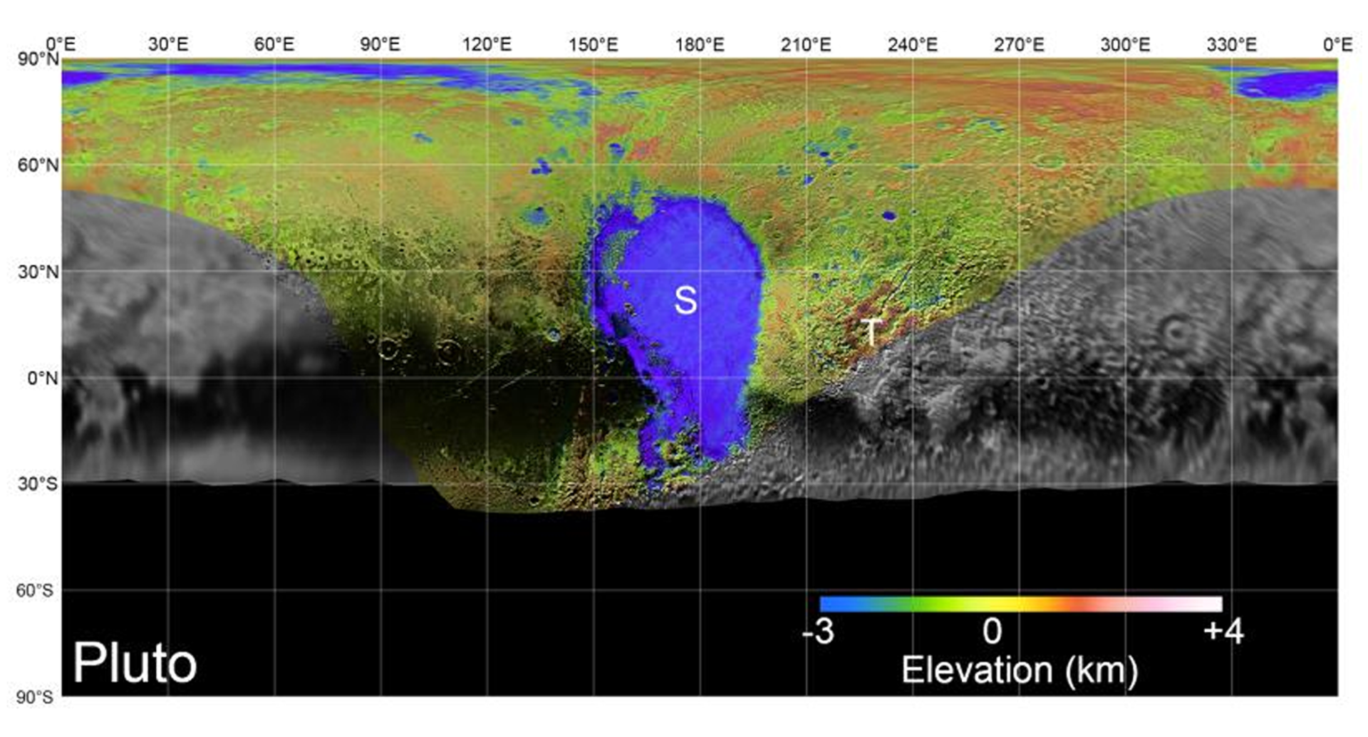 Rys. 11. Zdjęcie poglądowe przedstawia topograficzną mapę planety Pluton. Kolorami zaznaczono obszary o różnych wysokościach. Kolor niebieski oznacza najniższe wysokości do minus 3 kilometrów poniżej powierzchni planety, przez zielenie, żółcie, pomarańczowy, czerwień, aż do bieli oznacza wysokość 4 kilometrów powyżej  powierzchni planety. W centralnej części mapy znajduje się niebieski fragment oznaczony wielką literą S – to biegun południowy Plutona. Kolorem szarym oznaczono tereny niezbadane.
