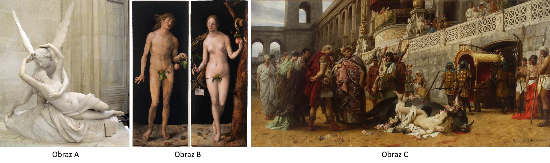 Ilustracja do ćwiczenia nr 6 zawiera trzy osobne dzieła sztuki - rzeźby oraz dwóch obrazów. W prawym dolnym rogu ćwiczenia umieszczony jest przycisk „Sprawdź”, służący sprawdzeniu poprawności jego wykonania.