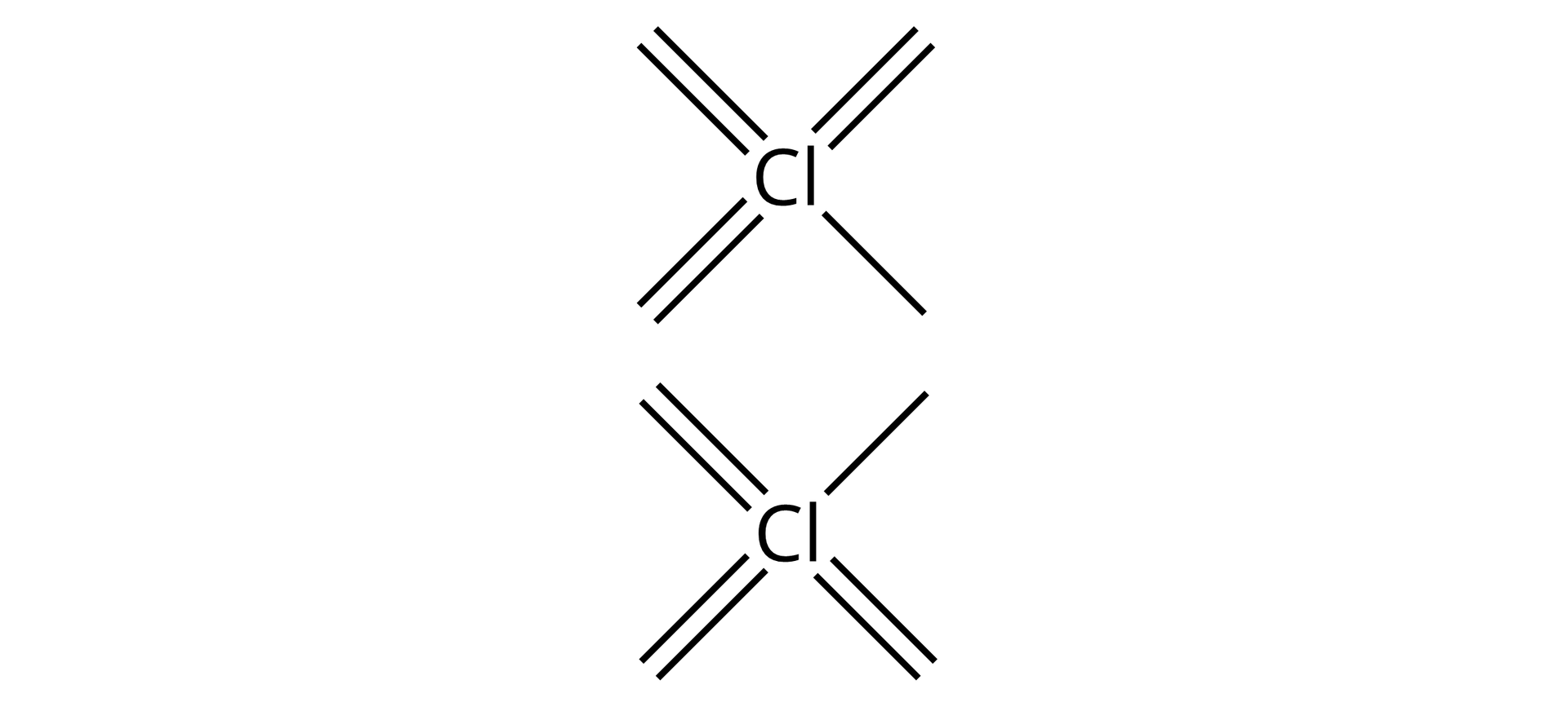 Ilustracja przedstawiająca dwa atomy chloru Cl. Od każdego poprowadzono w sumie po siedem kresek, w tym trzy pary i jedną pojedynczą kreskę. Symbole Cl znajdują się pod sobą i pojedyncze kreski skierowane są w swoim kierunku.