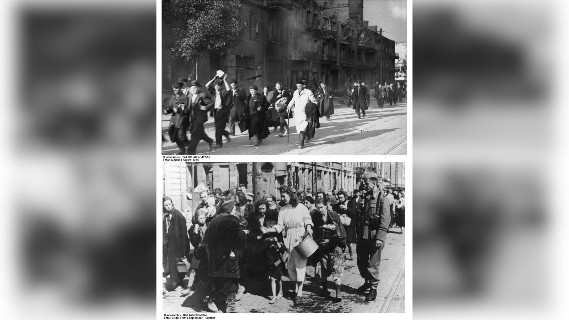 Dwa zdjęcia. Na górnym i dolnym zdjęciu znajduje się ludność miasta idącą ulicą. Ludzie niosą pakunki, ubrania i inne rzeczy. W tle zniszczone kamienice.