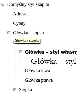 Ilustracja przedstawia okienko dokumentu w programie  LibreOffice Writer . Widoczne jest drzewko styli, w kolejnych wierszach widnieją następujące pozycje: Rozwinięte menu: Domyślny styl akapitu, poniżej wiersze: Adresat, Cytaty, Główka i stopka. Menu Główka i stopka jest rozwinięte, poniżej widnieją napisy: Główka, Stopka. Menu główka jest rozwinięte, pojawiają się następujące pozycje: Główka – styl własny, Główka – styl, Główka lewa i Główka prawa. 