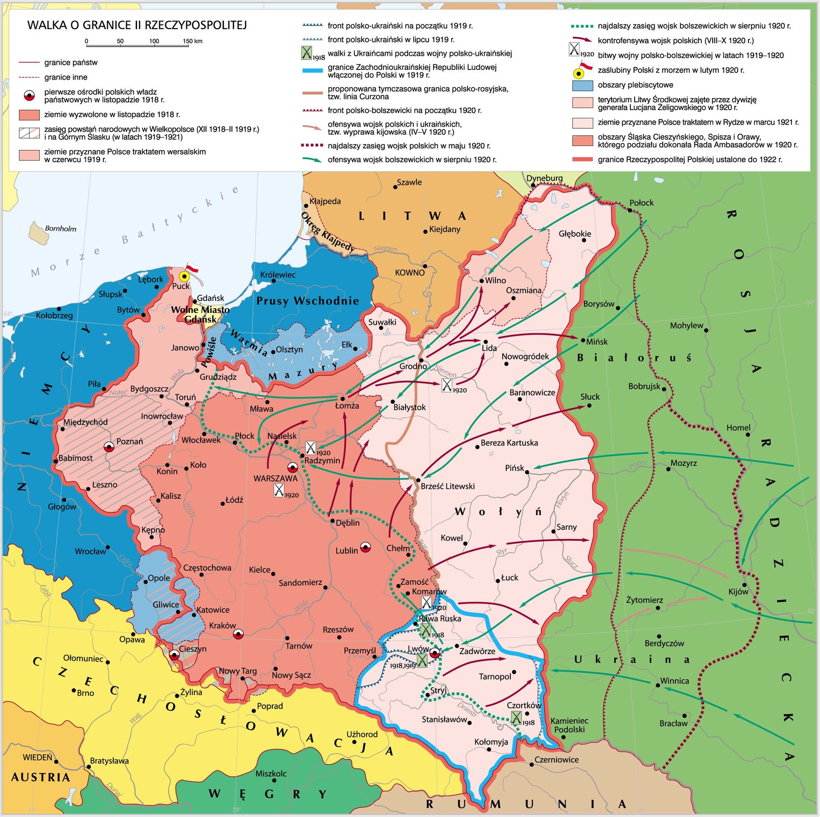 Grafika mapy przedstawiająca walki o granice II Rzeczypospolitej.