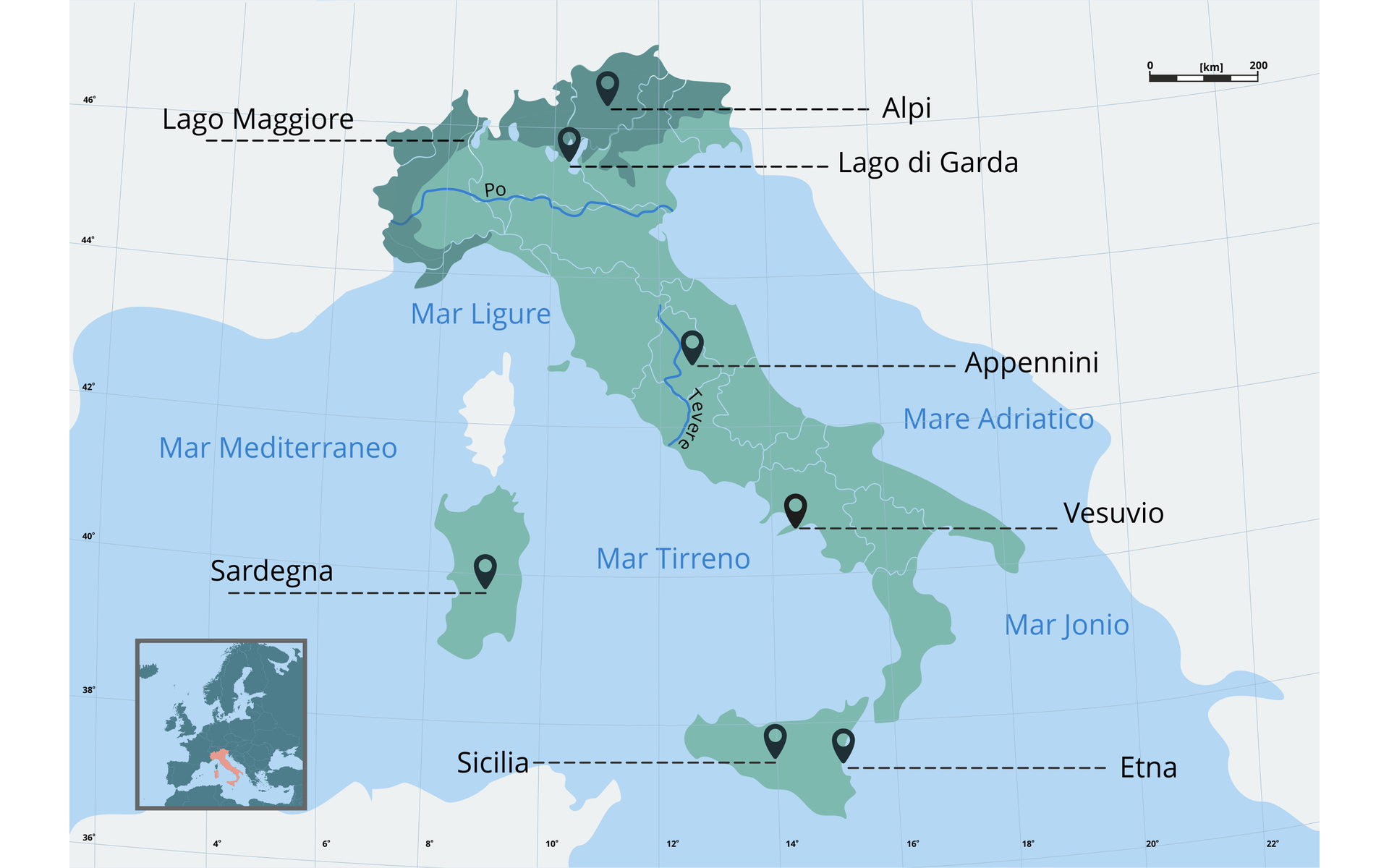 Ilustracja przedstawia mapę, na której widoczne są oznaczone pinezkami różne miejsca we Włoszech. Obok zaznaczonych na mapie pinezek znajdują się nazwy tych miejsc po włosku: Lago Maggiore, Alpi, Lago di Garda, Appennini, Sardegna, Vesuvio, Sicillia, Etna. Na mapie widoczne są również nazwy mórz, które otaczają Włochy: Mar Mediterraneo, Mar Ligure, Mar Tirreno, Mare Adriatico, Mar Jonio.