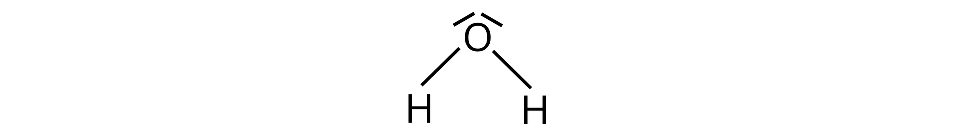 Ilustracja przedstawia wzór cząsteczki wody. Atom tlenu tworzy dwa wiązania pojedyncze z dwoma atomami wodoru. Dodatkowo na atomie tlenu znajdują się dwie wolne pary elektronowe oznaczone schematycznie dwiema kreskami.