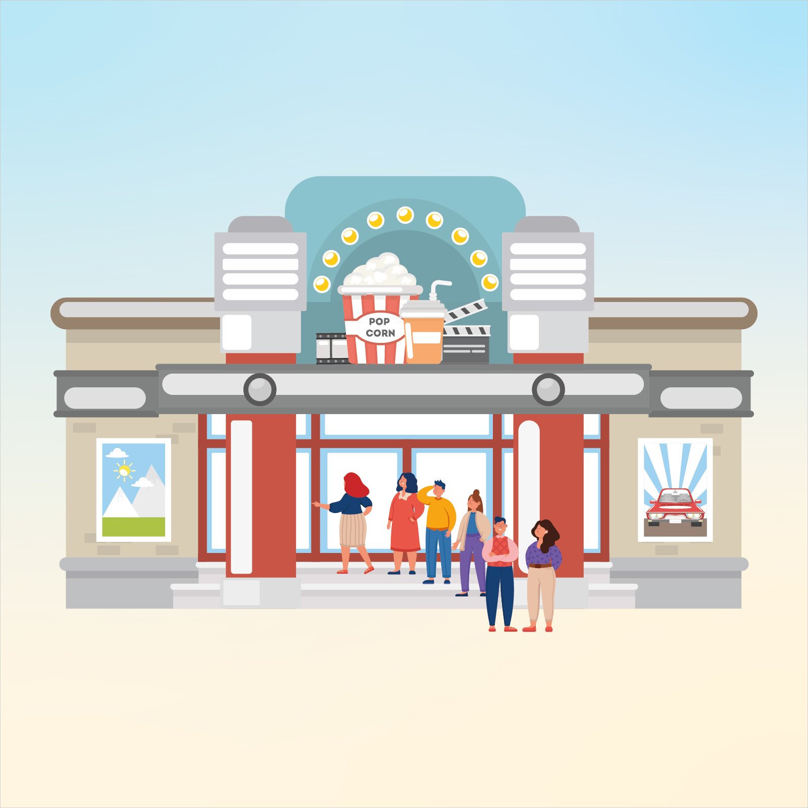 Ilustracja przedstawia kolejkę przed wejściem do kina, na którym wiszą dwa plakaty. Na pierwszym plakacie widoczne są góry, słońce i chmurki. Na drugim widzimy pędzący, czerwony samochód. Nad wejściem do sali kinowej znajduje się duża grafika z taśmą filmową, napojem ze słomką oraz pudełkiem a popcornem, na którym znajduje się napis w języku angielskim Pop corn