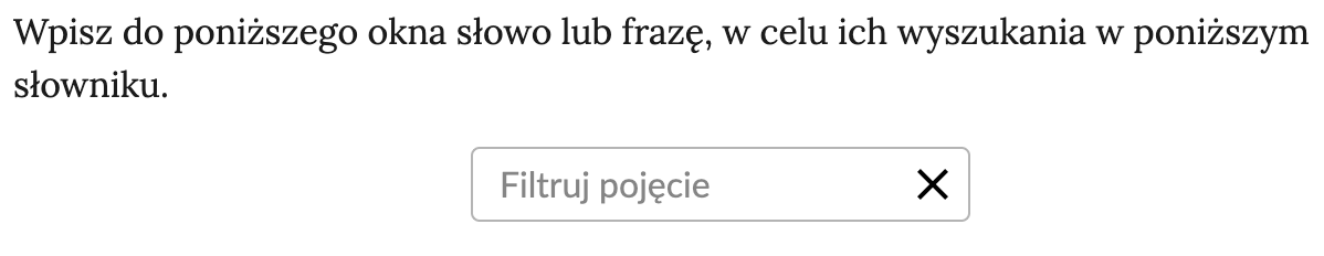 Przykładowy widok pola filtrującego pojęcia zawarte w słowniku pojęć e‑zasobu. Treść: Wpisz do poniższego okna słowo lub frazę, w celu ich wyszukania w poniższym słowniku. 