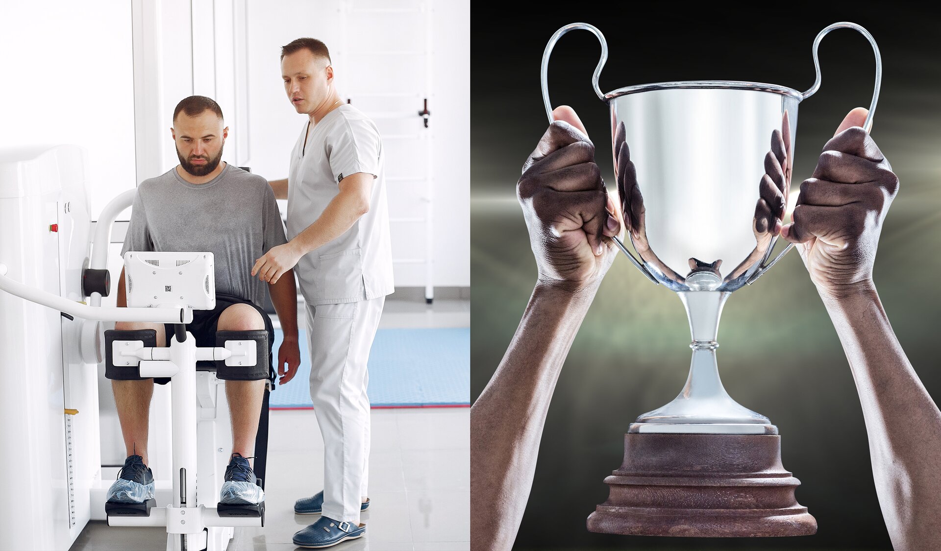 Zdjęcie składa się z dwóch fotografii. Po lewej stronie znajduje się mężczyzna siedzący na rowerku rehabilitacyjnym a obok niego stoi fizjoterapeuta. Po prawej stronie widać dłonie unoszące w górę puchar sportowy. Transkrypcja dialogów znajduje się poniżej.