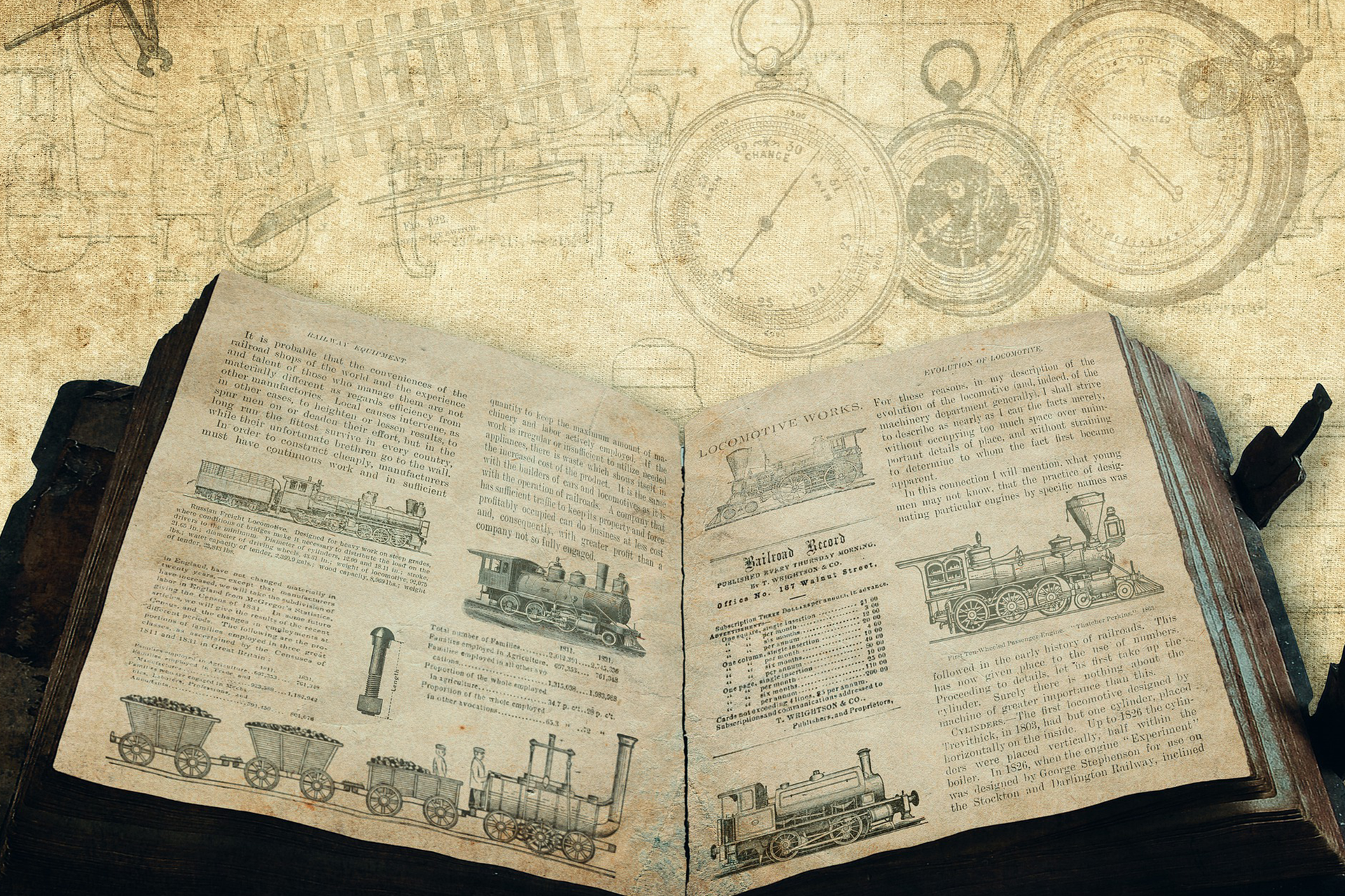 Grafika przedstawia otwartą książkę, w której znajduje się tekst i ryciny lokomotyw, wagonów.