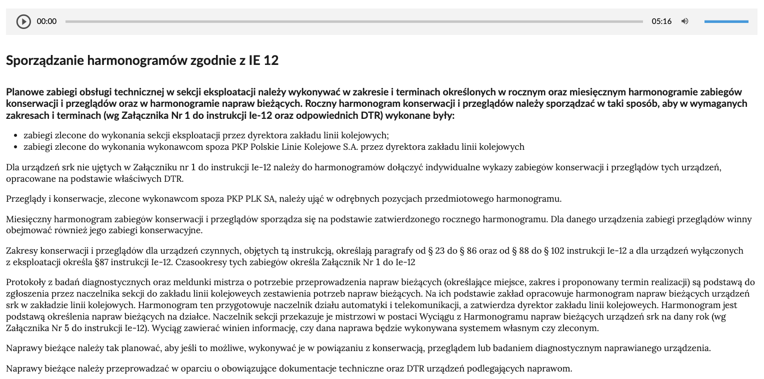 Zrzut ekranu przedstawia zawartość zakładki. Od góry:  nagranie dźwiękowe, poniżej tekst.