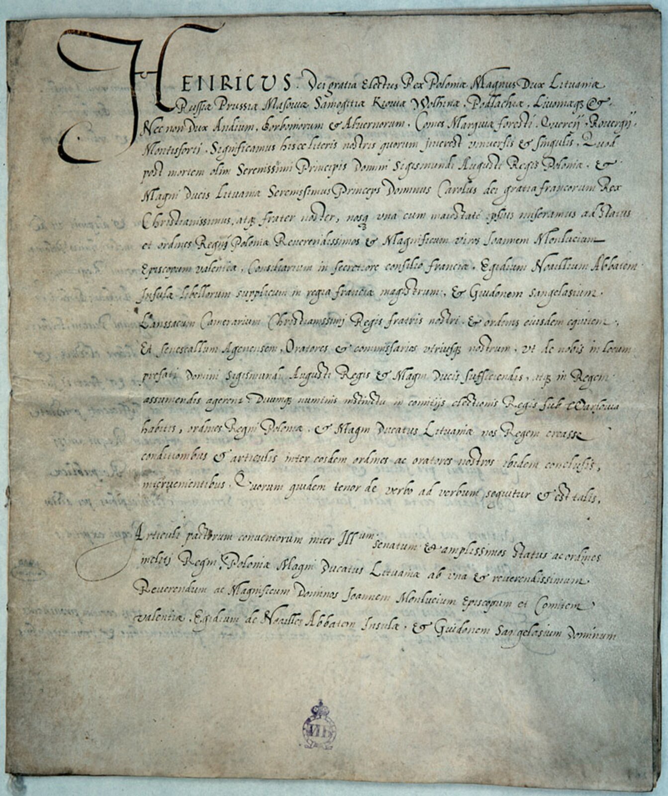 Ilustracja przedstawia dokument Pacta conventa podpisany przez Henryka Walezego.