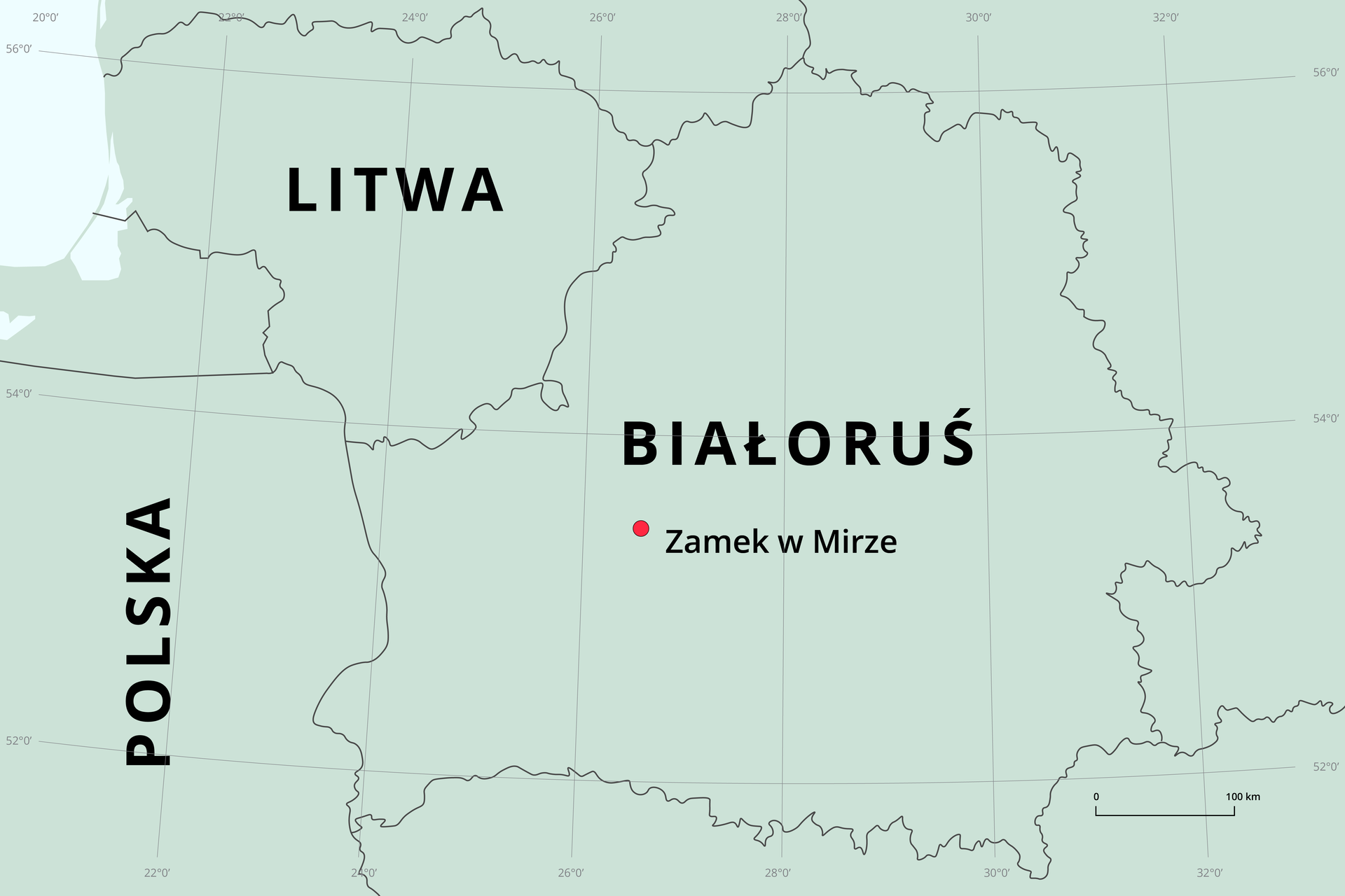 Mapa polityczna przedstawiająca Litwę oraz kraje sąsiadujące – Rosję, Polskę, Białoruś, Łotwę. Lądy oznaczono kolorem jasnozielonym, Morze Bałtyckie nieco jaśniejszym odcieniem koloru zielonego. Granice państw czarnymi liniami. W prawym dolnym rogu pozioma podziałka z odcinkiem oznaczonym jako sto kilometrów. Mapa pokryta siatką południków i równoleżników co dwa stopnie. Czerwoną kropką oznaczony Zamek w Mirze w centralnej części Białorusi, na zachód od Mińska.