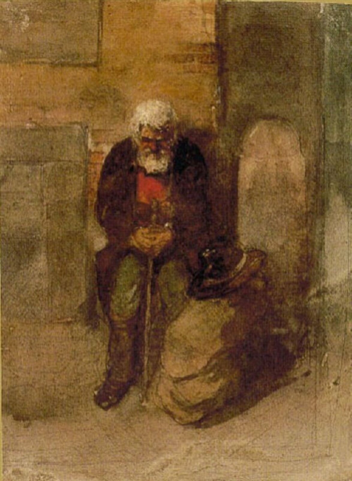 Fotografia przedstawia obraz pt. „Szmul” wykonany przez Hartmanna. Dzieło przedstawia siwego mężczyznę długą brodą, który ubrany jest w brązowy płaszcz i zielone spodnie. Ma spuszczoną głowę. Między nogami trzyma laskę, obok postaci znajduje się wypełniony worek i kapelusz.