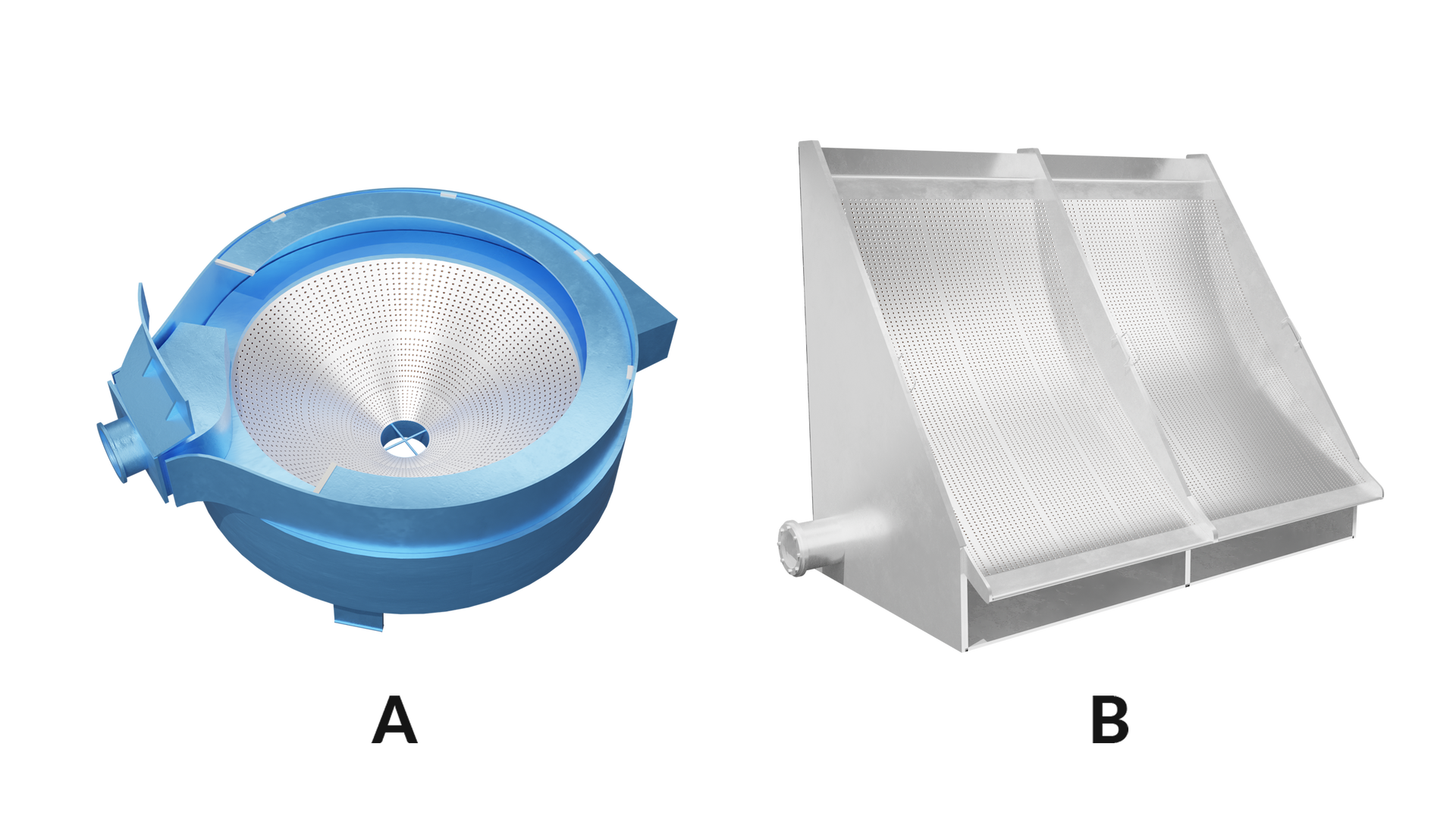 Ilustracja przedstawia model sit odśrodkowych i łukowych, stosowanych do odwodnienia koncentratu. Sita odśrodkowe zamontowane są w walcowatej obudowie i przypominają kształtem odwrócony stożek. Posiadają szczeliny umożliwiające odpływ wody. Praca sit odśrodkowych opiera się na działaniu siły odśrodkowej i podobnie jak w przypadku sit łukowych pozwala na odwadnianie oraz odmulanie dostarczonego koncentratu. Tego typu sita o kształcie odwróconego stożka nie wykorzystują energii elektrycznej, wystarcza dostarczenie materiału za pomocą dyszy w górnej części urządzenia, co prowadzi do spiralnego ruchu koncentratu wraz z wodą po ściankach sita ku dołowi. Woda odpływa przez szczeliny sita, a odwodniony koncentrat przemieszcza się do wylotu znajdującego się w dolnej części sita. Sita łukowe stanowią wsparte na ramie wygięte w łuk płyty. Posiadają one szczeliny umożliwiające przepływ wody. Koncentrat kierowany jest stycznie do powierzchni łukowatej utworzonej przez sito, od strony jego górnej, wklęsłej części. Doprowadzony materiał przesuwa się w dół, a jego osypywanie sprzyja odpływowi wody pomiędzy szczelinami sita na stronę wypukłą. która znajduje się z tyłu i jest zabudowana. Zagęszczony koncentrat pozostaje po stronie wklęsłej i kierowany jest do dalszego odwadniania. Poniżej grafiki znajduje się przycisk multimedialny z nagraniem audio. Treść nagrania jest zgodna z tytułem grafiki.