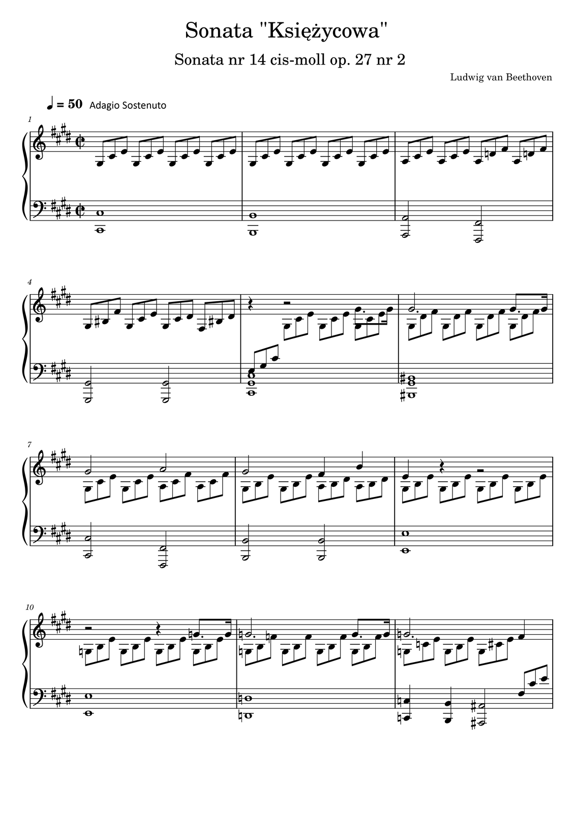 Grafika przedstawia partyturę Sonaty nr 14 op. 27 nr 2, tzw. „Księżycowej” autorstwa Ludwiga van Beethovena [czytaj: ludwika wan betowena]. Utwór jest napisany w metrum alla breve [czytaj: alla brewe], czyli dwie drugie, w tonacji cis‑moll. Tempo utworu oznaczono jako pięćdziesiąt ćwierćnut na minutę i opisano dodatkowo jako Adagio sostenuto [czytaj: adadżjo sostenuto], czyli powoli i powściągliwie. Fragment partytury ma jedną stronę, z zapisem pierwszych dwudziestu czterech taktów utworu. W partyturze znajduje się partia fortepianu w dwóch kluczach: wiolinowym oraz basowym. W pierwszej linijce partytury zapisano takty od pierwszego do trzeciego. W kluczu wiolinowym w pierwszym takcie grane są wyłącznie triole ósemkowe, za każdym razem złożone z dźwięków gis, cis oraz e, czyli z rozłożonego akordu cis‑moll w drugim przewrocie. Triola‑akord jest powtórzona cztery razy, na każdą miarę. Drugi takt jest dokładnie taki sam, z powtórzoną cztery razy triolą ósemkową z rozłożonym akordem cis‑moll (czyli ponownie dźwięki gis‑cis‑e). W takcie trzecim ponownie wszystkie dźwięki to triole ósemkowe; na pierwszą miarę grane są a, cis oraz e, czyli rozłożony trójdźwięk A‑dur, na drugą miarę dokładnie ten sam trójdźwięk oraz dźwięki, na trzecią miarę dźwięki a, d oraz fis, czyli rozłożony trójdźwięk D‑dur, i ponownie D‑dur na miarę czwartą. W kluczu basowym w pierwszym takcie grany jest dwudźwięk‑cała nuta, złożony z dwóch dźwięków cis, zagranych w oktawie. W takcie drugim ponownie wykonywany jest dwudźwięk‑cała nuta, tym razem złożony z dwóch dźwięków h, ponownie zagranych w oktawie. W takcie trzecim na pierwszą miarę grany jest dwudźwięk‑półnuta a w oktawie, a na miarę trzecią dwudźwięk‑półnuta fis w oktawie. W drugiej linijce partytury zapisano takty od czwartego do szóstego. W kluczu wiolinowym w takcie czwartym również wszystkie dźwięki to triole ósemkowe; na pierwszą miarę grane są gis, his oraz fis, na miarę drugą gis, cis oraz fis, na trzecią miarę gis, cis oraz dis, a na miarę czwartą fis, his oraz dis. W piątym takcie w górnym głosie na pierwszą miarę zapisano pauzę półnutową, na trzecią miarę pauzę ćwierćnutową, a na miarę czwartą ósemkę z kropką gis oraz szesnastkę gis. W dolnym głosie pierwsza miara jest przeniesiona do klucza basowego, ale dla porządku zostanie opisana tutaj; na pierwszą miarę zapisano triolę ósemkową, złożoną z dźwięków e, gis oraz cis, czyli rozłożony akord cis‑moll w pierwszym przewrocie, na drugą miarę ponownie triolę ósemkową z dźwięków gis, cis oraz e, na trzecią miarę jeszcze raz triolę ósemkową gis, cis oraz e i na miarę czwartą ostatni raz triolę ósemkową gis, cis, e, a więc rozłożony akord cis‑moll w drugim przewrocie. W szóstym takcie w głosie górnym grana jest półnuta z kropką gis na pierwszą miarę, a na miarę czwartą ósemka z kropką gis oraz szesnastka gis. W głosie dolnym na każdą miarę wykonywana jest triola ósemkowa, złożona z dźwięków gis, dis oraz fis. W kluczu basowym w takcie czwartym na pierwszą oraz trzecią miarę zapisano po półnucie gis. W piątym takcie na pierwszą miarę grany jest trójdźwięk‑cała nuta, złożony z dźwięków cis, gis oraz cis oktawę wyżej. W szóstym takcie na pierwszą miarę zapisany jest trójdźwięk‑cała nuta, złożona z dźwięków his, gis oraz ponownie his o oktawę wyżej. W trzeciej linijce partytury zapisano takty od siódmego do dziewiątego. W kluczu wiolinowym w takcie siódmym w górnym głosie na pierwszą miarę grana jest półnuta gis, a na miarę trzecią półnuta a. W dolnym głosie na pierwsze dwie miary zapisane są triole ósemkowe, złożone z dźwięków gis, cis oraz e, czyli z rozłożonym akordem cis‑moll w drugim przewrocie, a na miary trzecią oraz czwartą triole ósemkowe złożone z nut a, cis oraz fis, czyli z akordem fis‑moll w pierwszym przewrocie. W ósmym takcie w górnym głosie na pierwszą miarę grana jest półnuta gis, na miarę trzecią ćwierćnuta fis, a na miarę czwartą ćwierćnuta h. W dolnym głosie na wszystkie miary zapisane są triole ósemkowe: na pierwsze dwie miary złożone z dźwięków gis, h oraz e, czyli z akordem E‑dur w pierwszym przewrocie, a na miary trzecią oraz czwartą złożone z nut a, h oraz dis. W takcie dziewiątym w górnym głosie zapisano na pierwszą miarę ćwierćnutę e, na miarę drugą pauzę ćwierćnutową, a na trzecią miarę pauzę półnutową. W głosie dolnym na każdą miarę grana jest triola ósemkowa, złożona z dźwięków gis, h oraz e, czyli rozłożony akord E‑dur w pierwszym przewrocie. W kluczu basowym w takcie siódmym na pierwszą miarę zapisana jest półnuta‑dwudźwięk złożona z dźwięku cis w oktawie, a na miarę trzecią półnuta‑dwudźwięk, złożona z dźwięku fis w oktawie. W ósmym takcie na pierwszą oraz trzecią miarę zapisane są półnuty‑dwudźwięki, złożone z dźwięków h w oktawie. W takcie dziewiątym grana jest cała nuta‑dwudźwięk, złożona z dźwięków e w oktawie. W czwartej linijce partytury zapisano takty od dziesiątego do dwunastego. W kluczu wiolinowym w dziesiątym takcie w górnym głosie na pierwszą miarę zapisano pauzę półnutową, na miarę trzecią pauzę ćwierćnutową, a na czwartą miarę ósemkę z kropką g oraz szesnastkę g. W dolnym głosie ponownie na każdą miarę grane są triole ósemkowe, tym razem złożone z dźwięków g, h oraz e, czyli akord e‑moll w pierwszym przewrocie. W takcie jedenastym w górnym głosie na miarę pierwszą zapisano półnutę z kropką g, a na miarę czwartą najpierw ósemkę z kropką g, a dalej szesnastkę g. W dolnym głosie na wszystkie miary grane są triole ósemkowe, złożone z dźwięków g, h oraz f, tworzące dominantę septymową g bez kwinty. W takcie dwunastym na pierwszą miarę w górnym głosie grana jest półnuta z kropką g, a na miarę czwartą ćwierćnuta fis. W głosie dolnym na pierwszą miarę zapisano triolę ósemkową, złożoną z dźwięków g, c oraz e, czyli rozłożony akord C‑dur w drugim przewrocie, na drugą miarę triolę ósemkową, złożoną z nut g, h oraz e, czyli rozłożony akord e‑moll w pierwszym przewrocie, na miarę trzecią triolę ósemkową z dźwięków g, cis oraz e, czyli rozłożony akord E‑dur w pierwszym przewrocie, a na czwartą miarę przeniesioną do klucza basowego triolę ósemkową, złożoną z dźwięków fis, cis oraz e. W kluczu basowym w takcie dziesiątym grana jest cała nuta‑dwudźwięk, złożona z dźwięków e w oktawie. W jedenastym takcie zapisano całą nutę‑dwudźwięk, złożoną z dwóch dźwięków d w oktawie. W takcie dwunastym na pierwszą miarę zapisano ćwierćnutę‑dwudźwięk, złożoną z dwóch dźwięków c zagranych w oktawie, na drugą miarę ćwierćnutę‑dwudźwięk, złożoną z zagranych w oktawie dźwięków h, a na miarę trzecią półnutę‑dwudźwięk, czyli zagrane w oktawie ais.