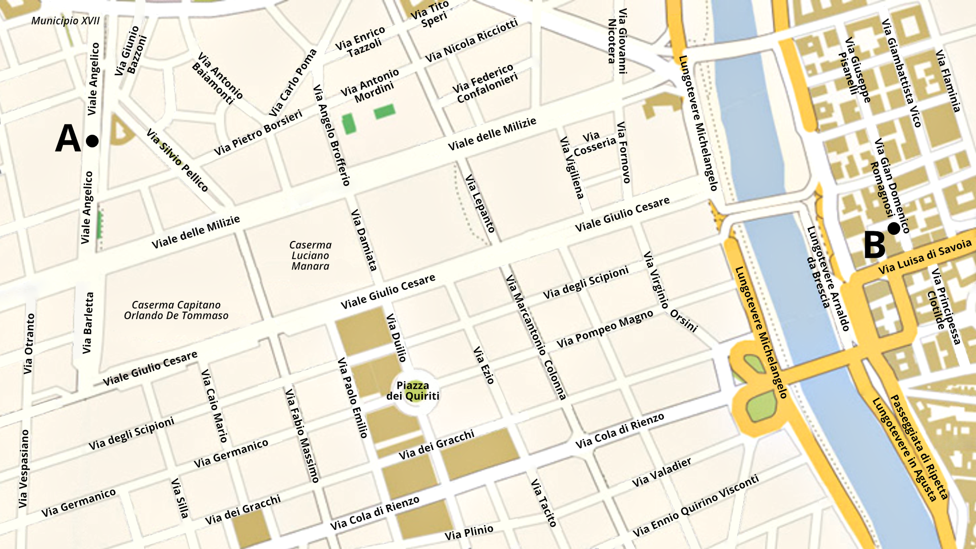 Grafika przedstawia fragment planu miasta Rzym. Na planie zaznaczone są dwa punkty: A i B. Punkt A oznaczony jest przy Viale Angielico. Punkt B znajduje się przy Via Gian Domenico Romagnosi. Z punktu A do punktu B można dojechać prosto przez Via Barletta, potem skręcić w lewo w Viale Gulio Cesare. Następnie należy przejechać mostem przez rzekę, a następnie skręcić w drugą ulicę w prawo. Jest to Via Gian Domenico Romagnosi, gdzie znajduje się punkt B.