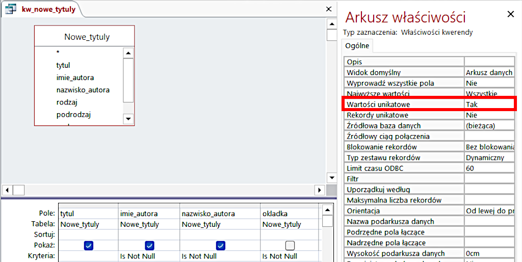 Ilustracja ukazuje projekt kwerendy kw_nowe_tytuly w programie MS Access. Pojawia się kwerenda o nazwie kw_nowe_tytuly. Sekcja Nowe tytuly zawiera listę: symbol gwiazdki, tytul, imie_autora, nazwisko_autora, rodzaj, podrodzaj. Poniżej znajduje się tabela. W komórkach po lewej stronie kolejno: Pole, Tabela, Sortuj, Pokaz, Kryteria. W kolumnach kolejno: tytul, imie_autora, nazwisko_autora, okladka. W wierszu o nazwie Tabela wpisano Nowe_tytuly. W rzędzie o nazwie Pokaż jest niebieski kwadrat z haczykiem, z wyjątkiem kolumny o nazwie okladka. W Kryteriach - z wyjątkiem kolumny o nazwie tytul - wpisano In Not Null. Obok sekcja o nazwie Arkusz właściwości. Poniżej napis: Typ zaznaczenia: Właściwości kwerendy. W tabeli zaznaczono opcje Właściwości unikatowe - Tak.    