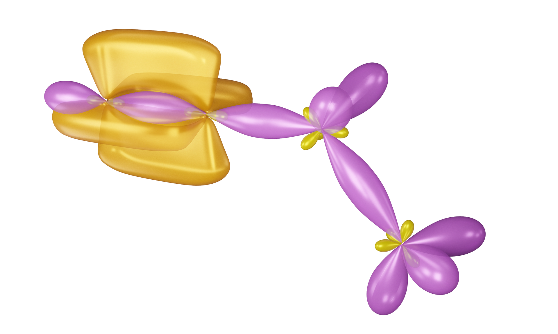 Ilustracja przedstawiająca, podobnie jak poprzednia, efekt hybrydyzacji atomów w cząsteczce but-1-ynu. Atomy węgla znajdują się w jednej płaszczyźnie. W tym przypadku uwzględniono czołowe nakładanie się orbitali zhybrydyzowanych sp oraz boczne nakładanie się orbitali p. Jeden orbital zhybrydyzowany sp pierwszego atomu węgla nakłada się z orbitalem s atomu wodoru, co prowadzi do powstania wiązania sigma. Drugi orbital sp nakłada się z orbitalem sp kolejnego atomu węgla. Oprócz tego, atomy węgla C 1 i C 2 łączą się za pomocą dwóch wiązań pi, utworzonych na skutek nakładania bocznego dwóch orbitali p pochodzących od atomu węgla C 1 z dwoma orbitalami p pochodzącymi od drugiego atomu węgla. Drugi atom węgla łączy się za pomocą wiązania sigma z trzecim atomem węgla, co mam miejsce dzięki nakładaniu się orbitalu sp oraz sp3. Ponadto trzeci atom węgla łączy się z dwoma atomami wodoru, z których pierwszy wystaje przed płaszczyznę, zaś drugi za płaszczyznę. Orbital sp3 trzeciego atomu węgla nakłada się czołowo na orbital sp3 czwartego atomu węgla, który związany jest z trzema atomami wodoru za pomocą wiązań sigma, utworzonych dzięki nakładaniu się orbitali sp3 atomu węgla oraz orbitali s atomów wodoru. Nałożone orbitale pomiędzy atomami węgla, które uczestniczą w tworzeniu wiązań sigma, mają kształt wrzecionowaty. Z kolei nałożone bocznie orbitale p mają kształt płaskiego prostopadłościanu z zaokrąglonymi kątami, zwężonym środkiem oraz z wyciętym środkiem w kształcie wrzecionowatym.