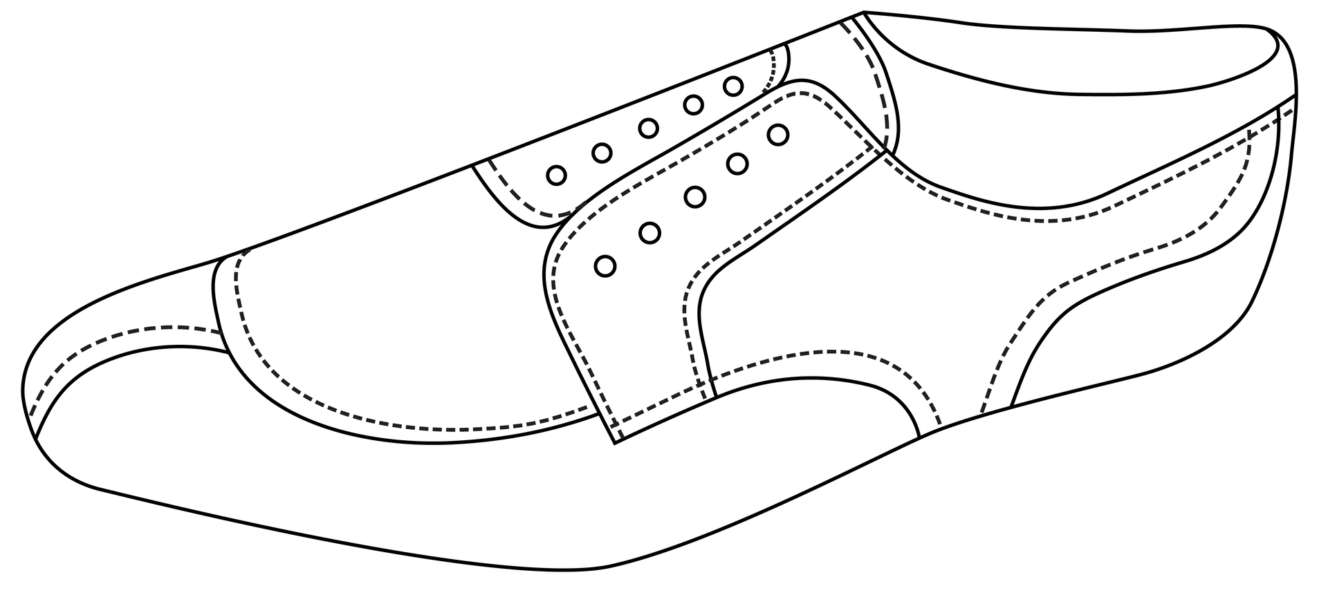 Grafika przedstawia wzór półbuta męskiego odrysowany na kopycie. Widoczne są obrysy części składających się na cholewkę.