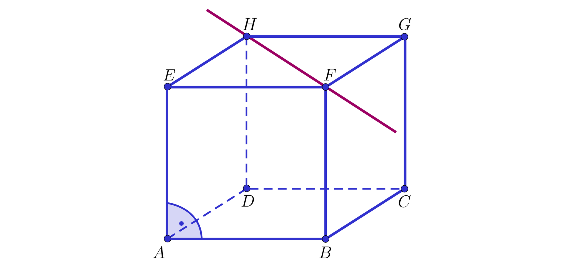 Ilustracja przedstawia sześcian A B C D E F G H, gdzie wierzchołek E znajduje się nad A, wierzchołek F nad B, wierzchołek G nad C, wierzchołek H nad D. Punkty F oraz H zostały złączone czerwoną prostą. 