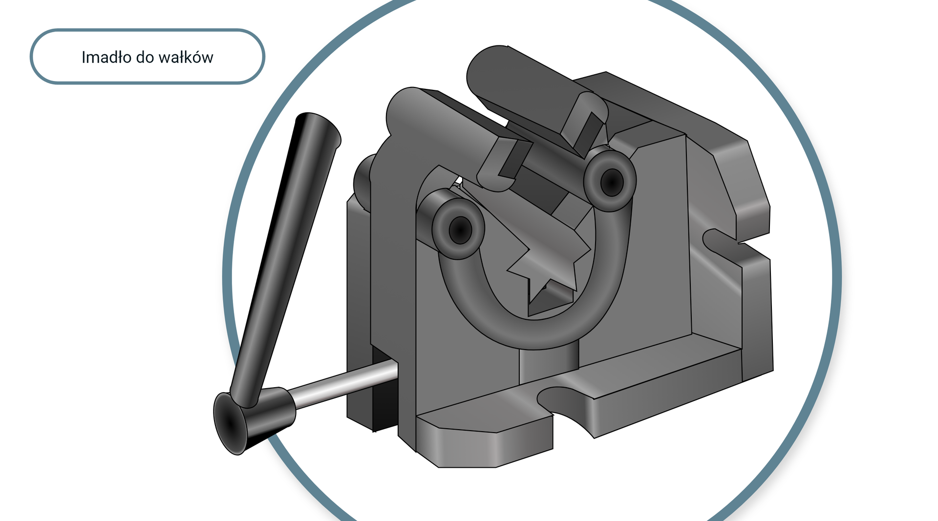 Opis alternatywny dotyczy imadła do wałków. Szczęki imadła przystosowane do stabilnego trzymania wałków, z boku znajduje się pokrętło do regulacji zacisku szczęk.