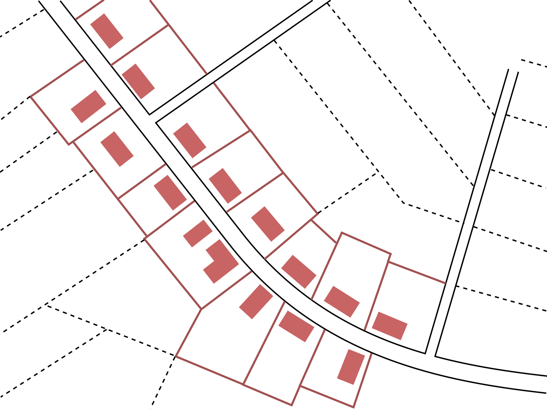 Na ilustracji schemat wsi o zwartej zabudowie położonej po obu stronach głównej drogi.