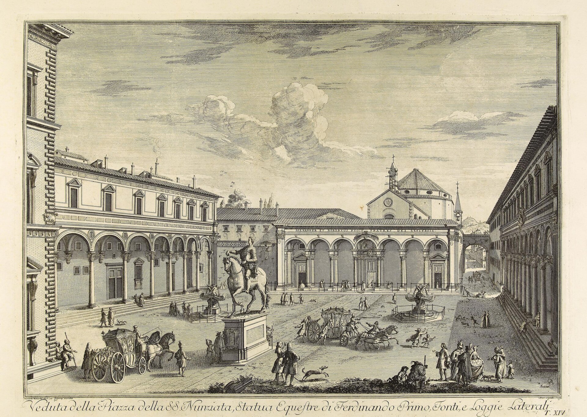 Ilustracja przedstawia miejski plac, wokół którego stoją budynki z portykami. Na placu znajdują się ludzie oraz dorożki.