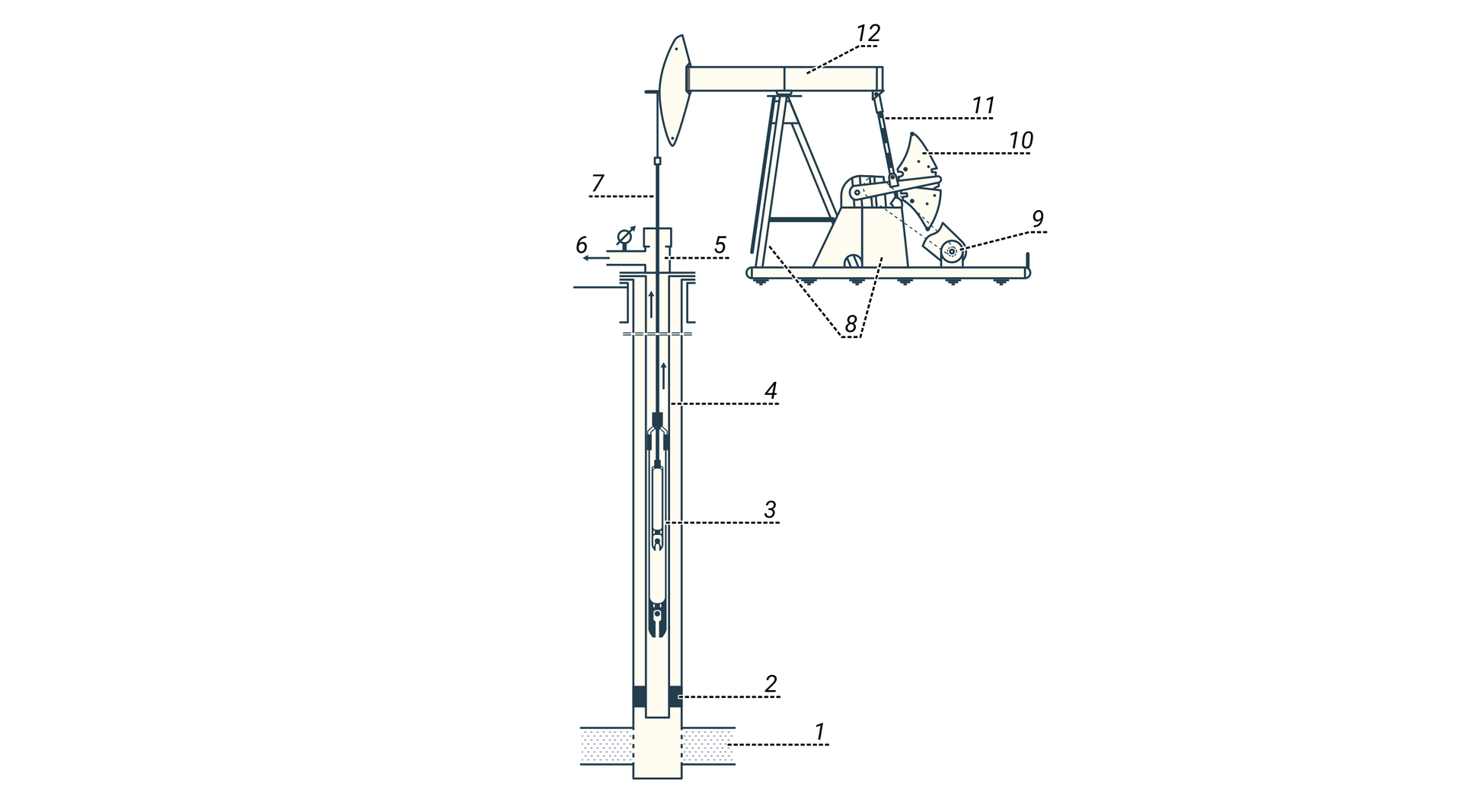 Ilustracja przedstawia biało granatowy schemat odwiertu z pompą wgłębną tłokową żerdziową. Ropa za pomocą tego urządzenia zostaje wydobyta poprzez stworzenie różnicy ciśnień. Pompy takie jak na schemacie są napędzane silnikiem elektrycznym. U samego dołu schematu znajduje się złoże ropy naftowej. Jest ono przedstawione jako poziomy prostokąt. Według legendy przypisany ma numer 1. W środku tego prostokąta aż do samej powierzchni znajduje się kolejny prostokąt w orientacji pionowej. U dołu pionowego prostokąta znajduje się kotwica rur wydobywczych. Oznaczona jest ona numerem 2. Jest to mały granatowy prostokąt tuż nad złożem. Od kotwicy do samej góry odwiertu znajduje się mniejszy biały prostokąt.  Postokąt przedstawia rury wydobywcze. Oznaczony jest on numerem 4. W rurach wydobywczych znajduje się element oznaczony numerem 3. Jest to pompa wgłębna. Na schemacie pompa wgłębna przedstawiona jest jako zaokrąglony prostokąt ze szczękami. Szczęki na rysunku przypominają szczęki kombinerek. W zaokrąglonym prostokącie znajduje się taki sam kształt odpowiednio zmniejszony. Tuż nad powierzchnią gruntu znajduje się głowica odwiertu. Oznaczona jest ona numerem 5. Na schemacie jest to pionowy prostokąt lekko pogrubiony w górnej części. Z jego lewej strony wystaje prostokątna rura z zaworem u góry. Element ten ma przypisany numer 6. Numer 6 według legendy opisany jest jako odpływ ropy. Pompa wgłębna połączona jest z łbem wahacza za pomocą przewodu pompowego. przewód narysowany jest jako prosta linia o numerze 7. Głównym elementem schematy znajdującym się na powierzchni jest żuraw. U samej góry znajduje się wahacz żurawia. Zakończony jest on tak zwanym końskim łbem. Wahacz oznaczony jest numerem 12. Z lewej strony wahacza znajduje się jego łeb. W środkowej części wahacza znajduje się jego połączenie z ramą nośną w kształcie dużej litery A. Prawa strona wahacza połączona jest z elementem numer 11. Według legendy są to pociągacze. Pociągacze na schemacie są narysowano jako łożysko razem z prostokątem w kolorze biało granatowym. U dołu pociągaczy znajdują się dwa trójkąty z numerem 10. Są to przeciwwagi żurawia. Przymocowane są do krótkiego ramienia wychodzącego z mechanizmu żurawia. Mechanizm przedstawiony jest jako zaokrąglony prostokąt umiejscowiony na skrzyni w kształcie trapezu. Po lewej stronie od skrzyni znajduje się rama nośna. Na prawo widać element z numerem 9. Jest to silnik napędowy. Składa się on z małego prostokąta przy podstawie, koła oraz pofalowanego prostokąta. Ostatni prostokąt skierowany jest w lewy górny róg. Rama nośna oraz skrzynia w kształcie trapezu opisana jest numerem 8. Jest to żuraw pompowy. Pod schematem znajduje się legenda. 