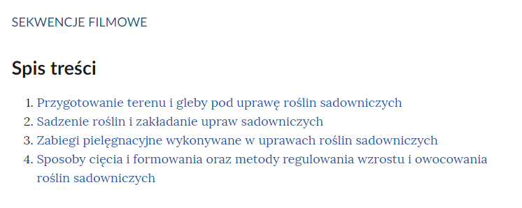 Spis treści do sekwencji filmowych. Na samej górze znajduje się napis: Sekwencje filmowe, pod nim zaś napis: Spis treści. Następnie w czterech punktach wymienione są tytuły sekwencji filmowych.