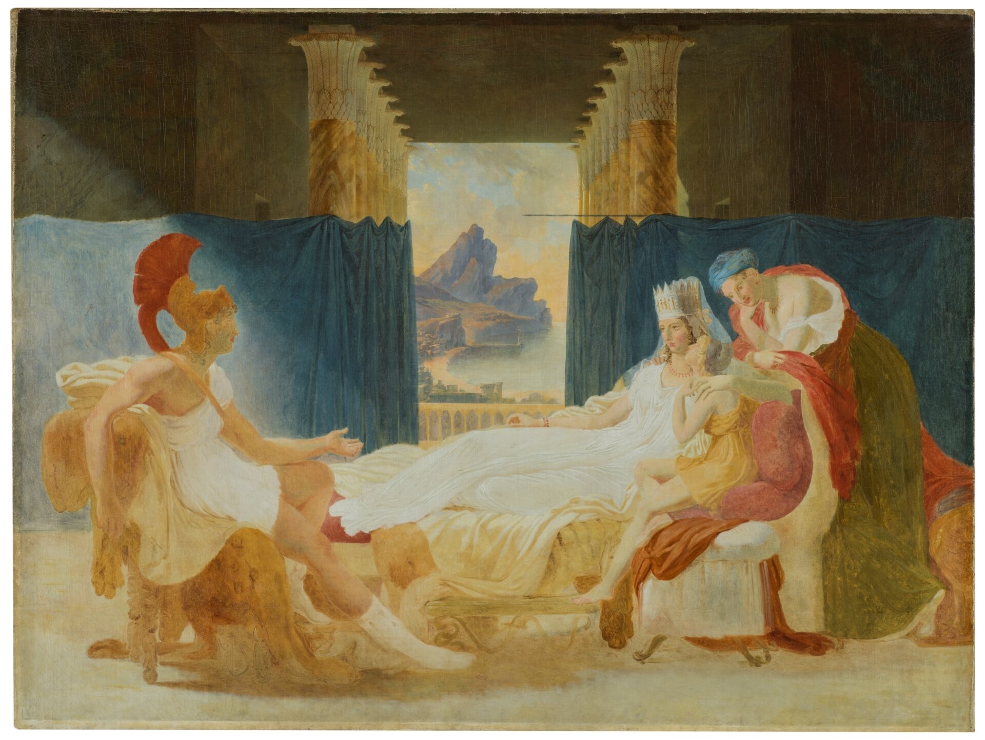 Ilustracja przedstawia obraz „Eneasz opowiada Dydonie o upadku Troi”, którego autorem jest Pierre‑Narcisse Guérin. Na środku obrazu na złotej leżance z czerwonymi poduchami leży ciemnowłosa kobieta. Ubrana jest w białą, długą suknię. Na szyi ma złoty naszyjnik, a na prawym nadgarstku złotą bransoletkę. Na głowie ma szarą koronę. Obok niej siedzi mała, szczupła postać z jasnymi włosami. Ubrana jest w krótką, złotą sukienkę. Kobieta obejmuje ją lewą ręką. Przed leżanką stoi niski, biały taboret. Na nim leży pomarańczowy materiał. Z prawej strony obrazka jest kobieta, która opiera się o leżankę. Ma pomarańczowo‑zieloną szatę i niebieski turban na głowie. Z lewej strony obrazka jest mężczyna, który siedzi na krześle. Krzesło przykryte jest beżowym materiałem. Mężczyzna ma białą narzutę i brązowy pasek, który przechodzi przez prawe ramię. Na nogach ma białe buty nad kostkę. Na głowie ma złoty hełm z czerwonym pióropuszem. Podłoga w pomieszczeniu jest jasna. Za postaciami są niebieskie kotary i beżowe kolumny. W tle jest akwen wodny i góry.