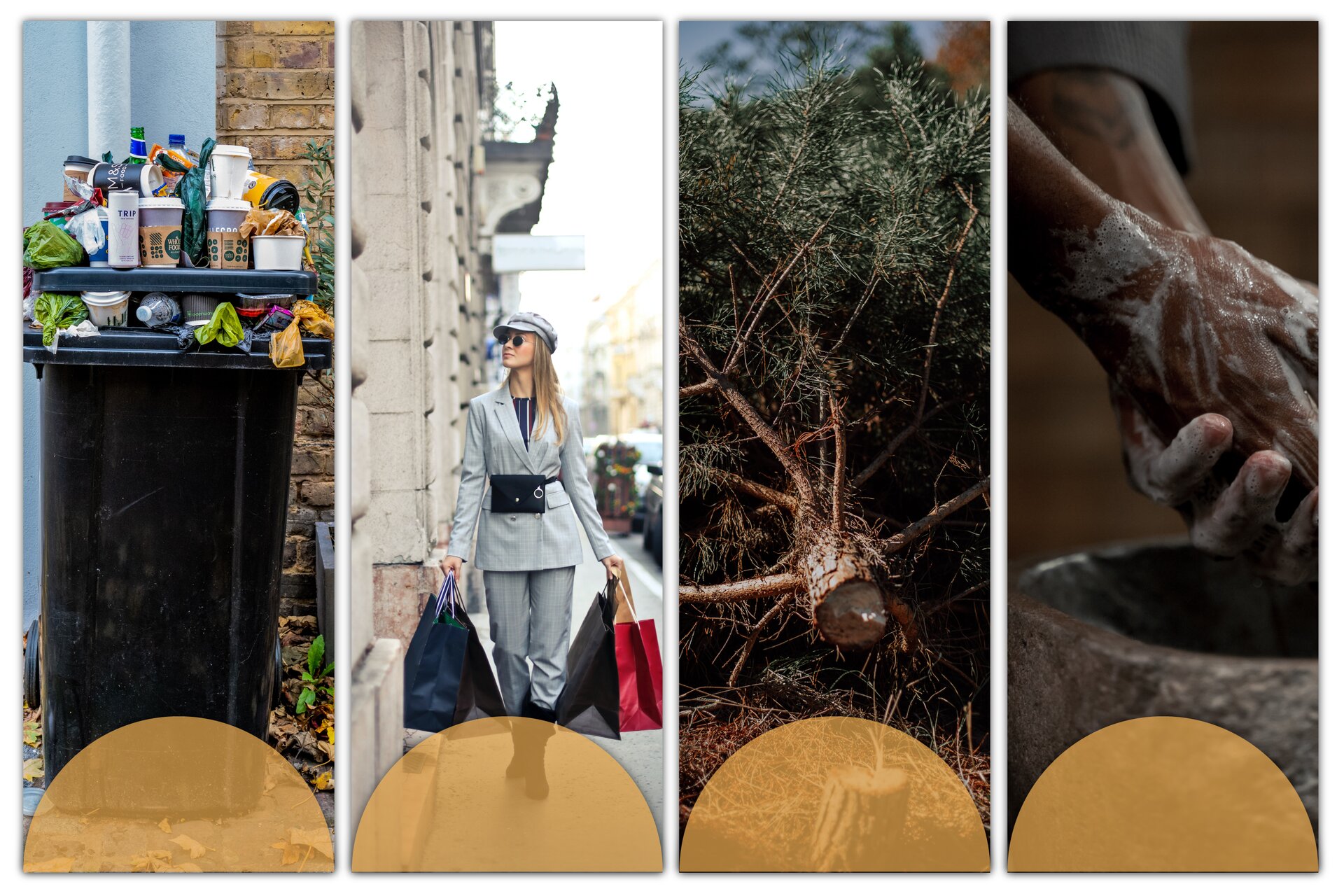 Ilustracja podzielona jest na cztery części. W pierwszej znajduje się grafika przedstawiająca kosz na śmieci wypełniony po brzegi różnymi śmieciami, również na jego pokrywie znajduje się sterta odpadów. Druga część przedstawia kobietę idącą ulicą z torbami zakupowymi w obu rękach. Na trzeciej znajduje się ścięte drzewo iglaste. Ostatnia grafika przedstawia kogoś myjącego ręce.