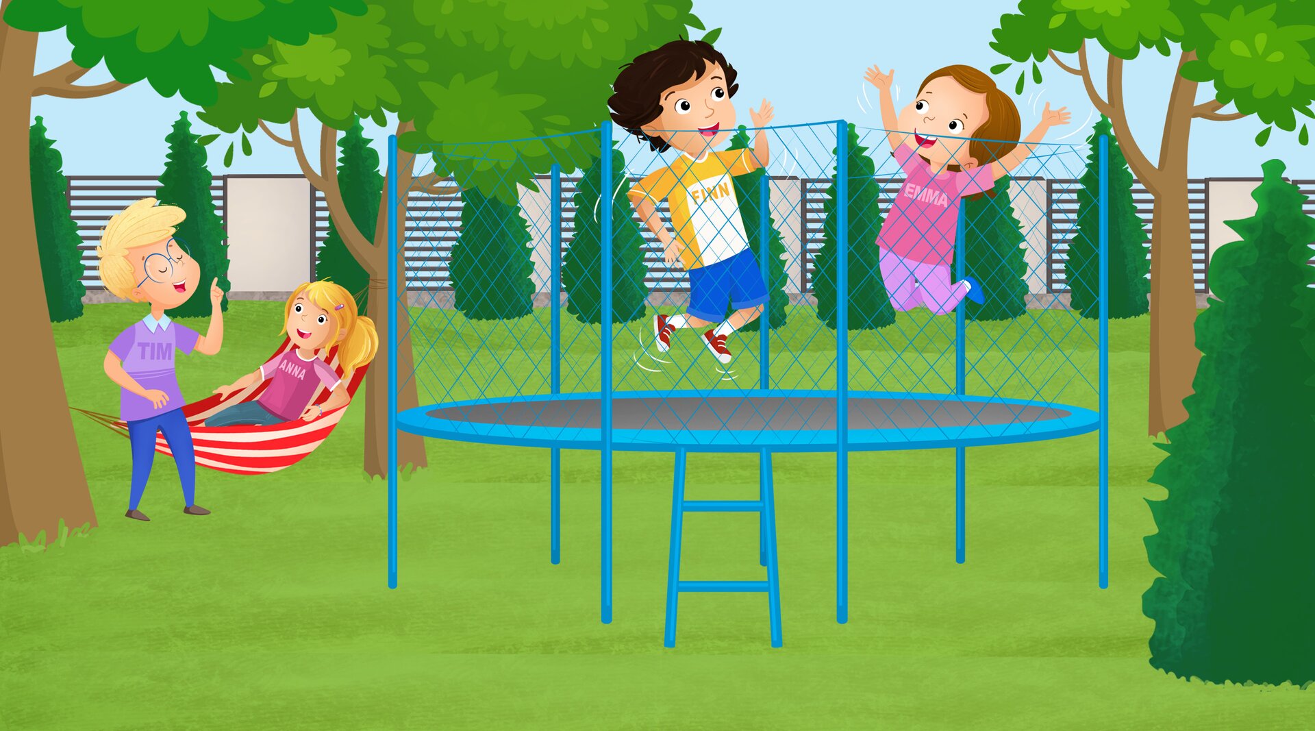 
Ilustracja przedstawia dzieci mające na koszulkach imiona Finn i Emma. Skaczą one na trampolinie w ogrodzie. Na drugim planie można dostrzec dziewczynę z blond włosami w koszulce z imieniem Anna. Leży ona na hamaku. Obok niej stoi chłopak z blond włosami w koszulce z imieniem Tim. 