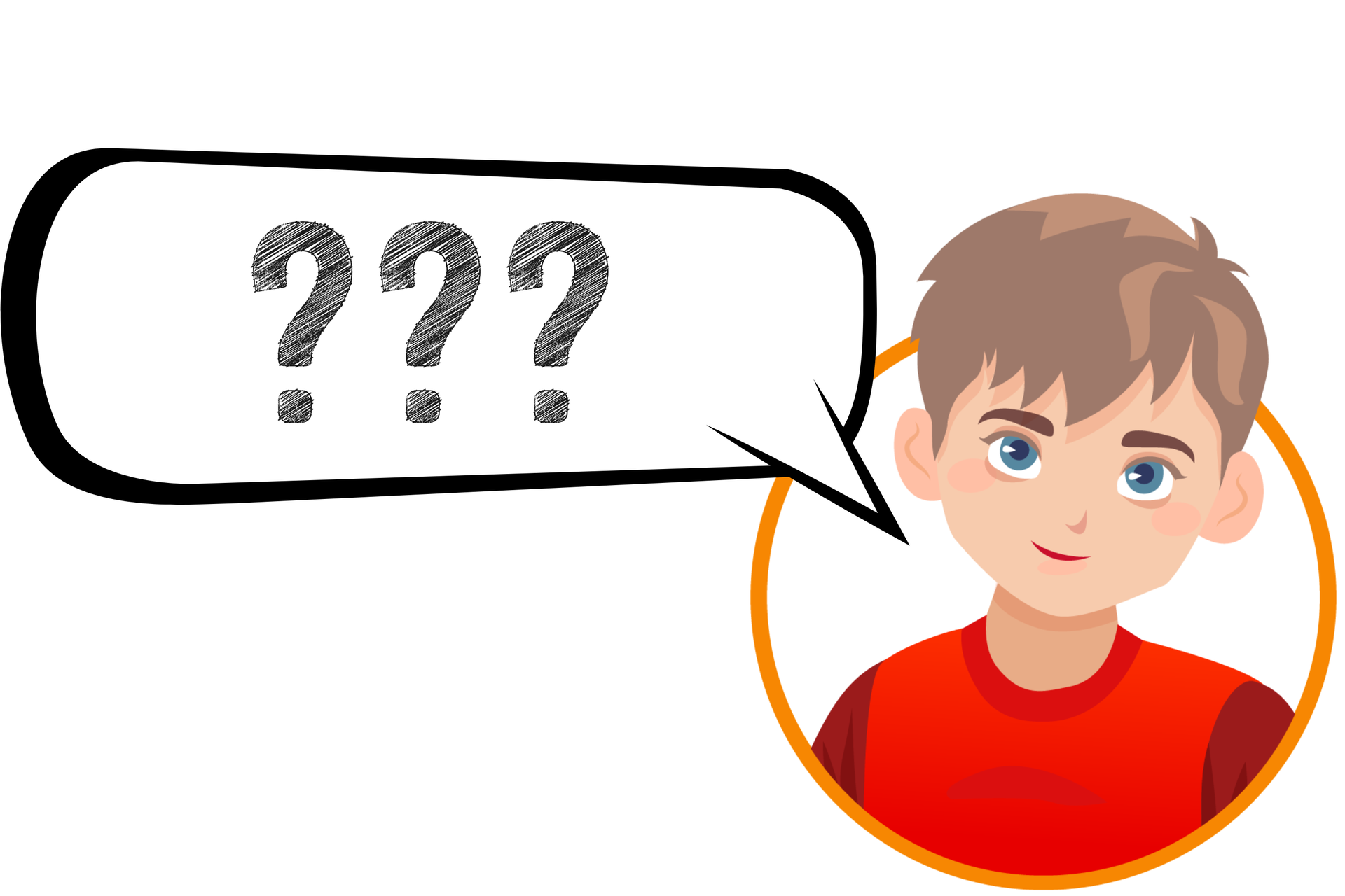Ilustracja przedstawia twarz chłopca w czerwonej koszulce oraz dymek z trzema znakami zapytania. 