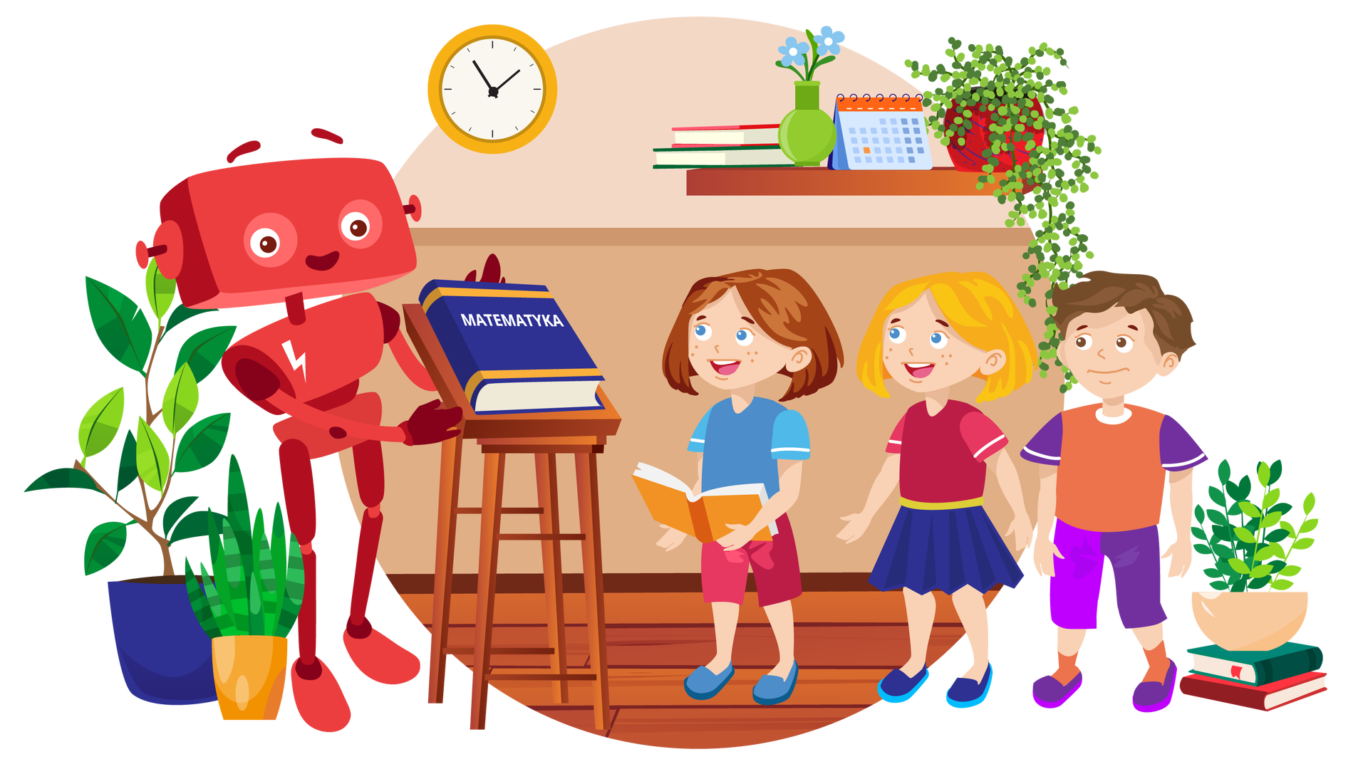 Ilustracja przedstawia klasę szkolną. W tle widać beżową ścianę, na której po lewej stronie wisi okrągły pomarańczowy zegar ze wskazówkami, a po prawej stronie brązowa półka. Na półce są po lewej stronie dwie książki ułożone jedna na drugiej. Obok nich stoją dwa niebieskie kwiaty w zielonym wazonie i niebiesko‑czerwony kalendarz biurkowy. Po prawej stronie półki stoi zielona roślina o drobnych listkach w czerwonej donicy. Na pierwszym planie, po lewej stronie ilustracji, stoją na drewnianej podłodze dwie zielone rośliny. Jedna jest w granatowej donicy, a druga w pomarańczowej. Kolejna zielona roślina, w beżowej donicy, stoi po prawej stronie ilustracji, na dwóch książkach ułożonych jedna na drugiej. Na środku jest wysoki brązowy stojak na czterech nogach. Leży na nim książka w granatowej okładce, na której widnieje biały napis: „Matematyka”. Po lewej stronie stojaka stoi uśmiechnięty Zgrzytek. Jest to czerwony robot o prostokątnej głowie z krótkimi antenkami zamiast uszu, dwiema rękami i dwiema nogami. Na przedniej części jego tułowia widnieje biały znaczek w postaci błyskawicy. Zgrzytek wyciąga ręce w stronę książki, pokazując ją. Patrzy na troje dzieci stojących po prawej stronie. Najbliżej stojaka jest Maja. W rękach trzyma otwartą książkę w pomarańczowej okładce. Obok niej stoi blondwłosa dziewczynka ubrana w ciemnoróżową bluzkę z krótkimi rękawami, krótką granatową spódniczkę z żółtym paskiem i granatowe buty z niebieskimi podeszwami. Dalej stoi brązowowłosy chłopiec ubrany w pomarańczową koszulkę z krótkimi fioletowymi rękawami, krótkie fioletowe spodnie, pomarańczowe skarpety i fioletowe buty. Dzieci uśmiechają się i patrzą na leżącą na stojaku książkę.