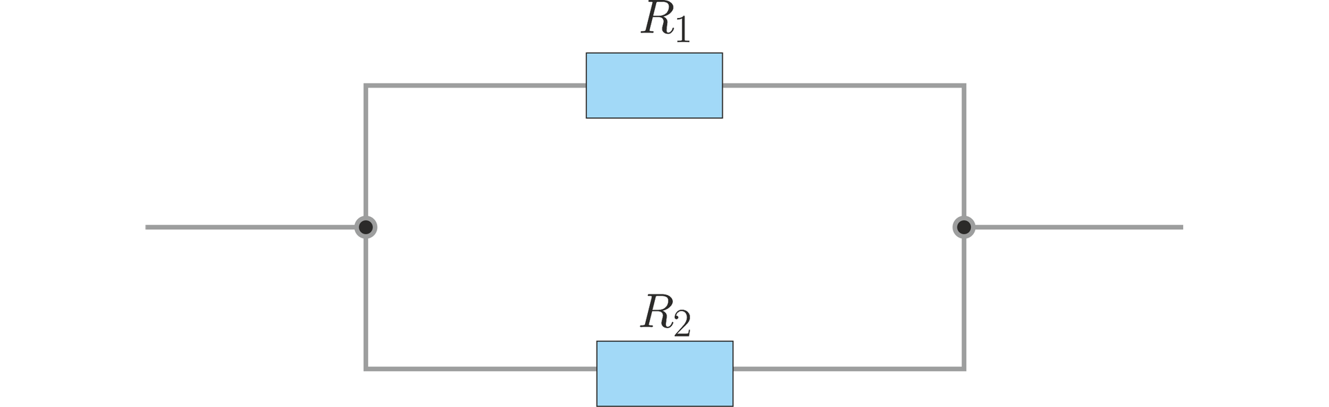 Rysunek przedstawia obwód elektryczny w kształcie prostokąta z dwoma rezystorami. Do środka lewego boku prostokąta dochodzi pionowa linia, na środku górnego i dolnego boku prostokąta leżą rezystory odpowiednio R indeks dolny 1 oraz R indeks dolny 2. Z środka prawego boku odchodzi pionowa linia.