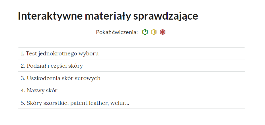 Grafika przedstawia zakładki z pogrupowanymi ćwiczeniami.