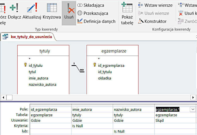 Ilustracja zawiera zrzut ekranu z programu. W górnej części grafiki widoczne są opcje programu, gdzie zaznaczona jest funkcja usuń. Poniżej widnieją kwadratowe pola zawierające informację o tytułach takie jak id tytułu, tytuł, imię autora, nazwisko autora oraz drugie pole zawierające informację o egzemplarzach takie jak id egzemplarza, id tytułu oraz okładka. Poniżej widoczna jest tabela zawierająca szczegółowe dane dotyczące tytułów.