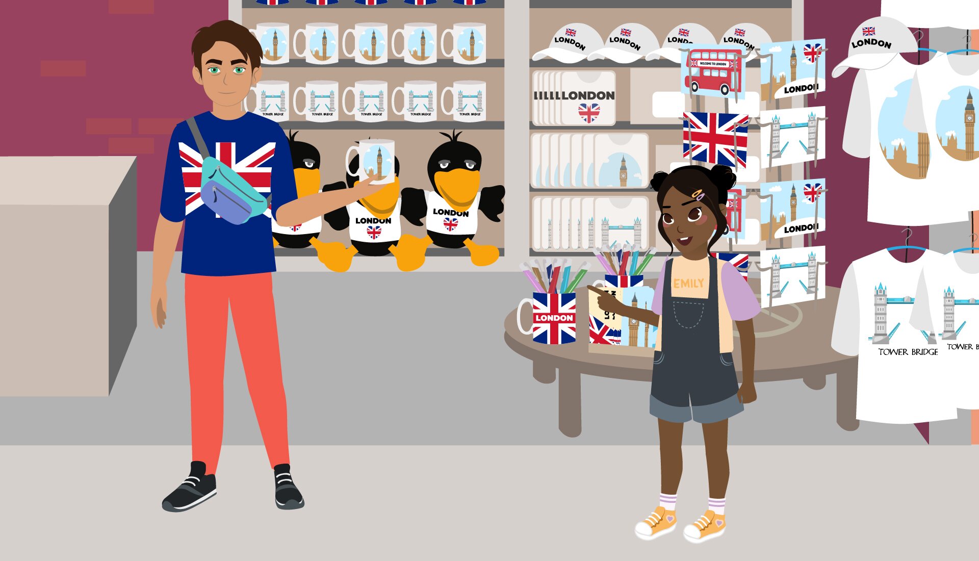 Ilustracja przedstawia sklep z pamiątkami z Wielkiej Brytanii. Sprzedawca ubrany jest w koszulkę z flagą Wielkiej Brytanii, oraz ma saszetkę przewieszoną przez ramię.  Emily stoi obok stolika z pocztówkami i zakładkami do książek. W tle widać regału z zabawkami, pluszakami i kubkami z nadrukami nawiązującymi do Wielkiej Brytanii. Z prawej strony sklepu, na wieszakach znajdują się koszulki z akcentami brytyjskimi.